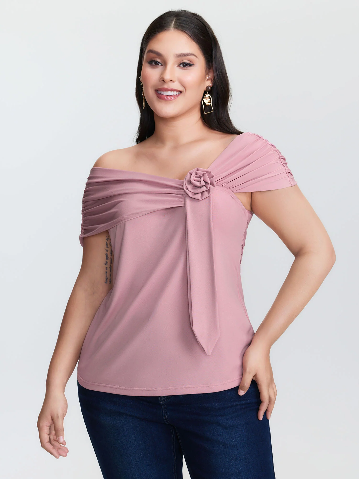3D Floral Detail Asymmetrical Neckline T-Shirt