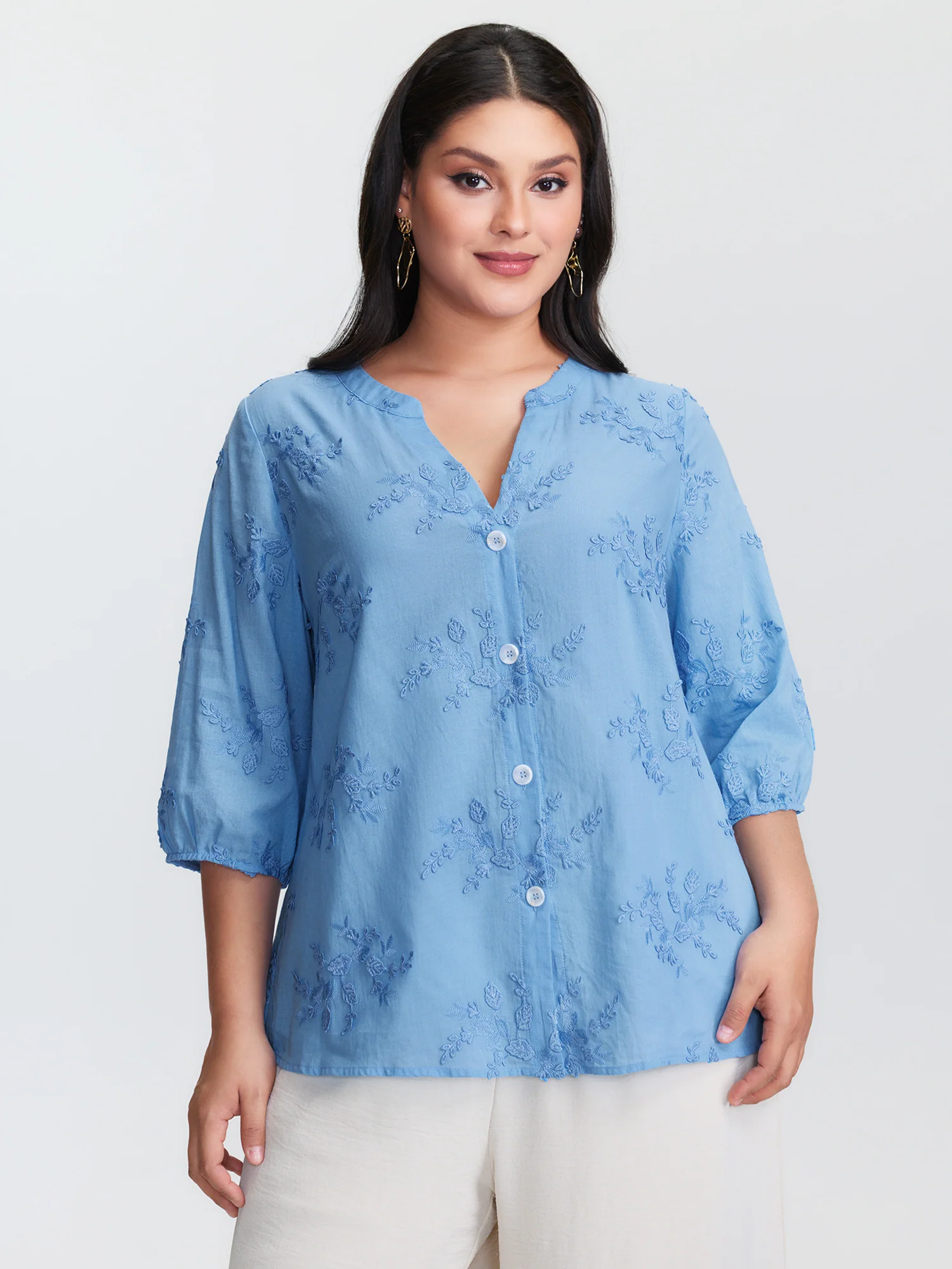 Cotton 3D Floral Embroidered Button-Down Knit Top