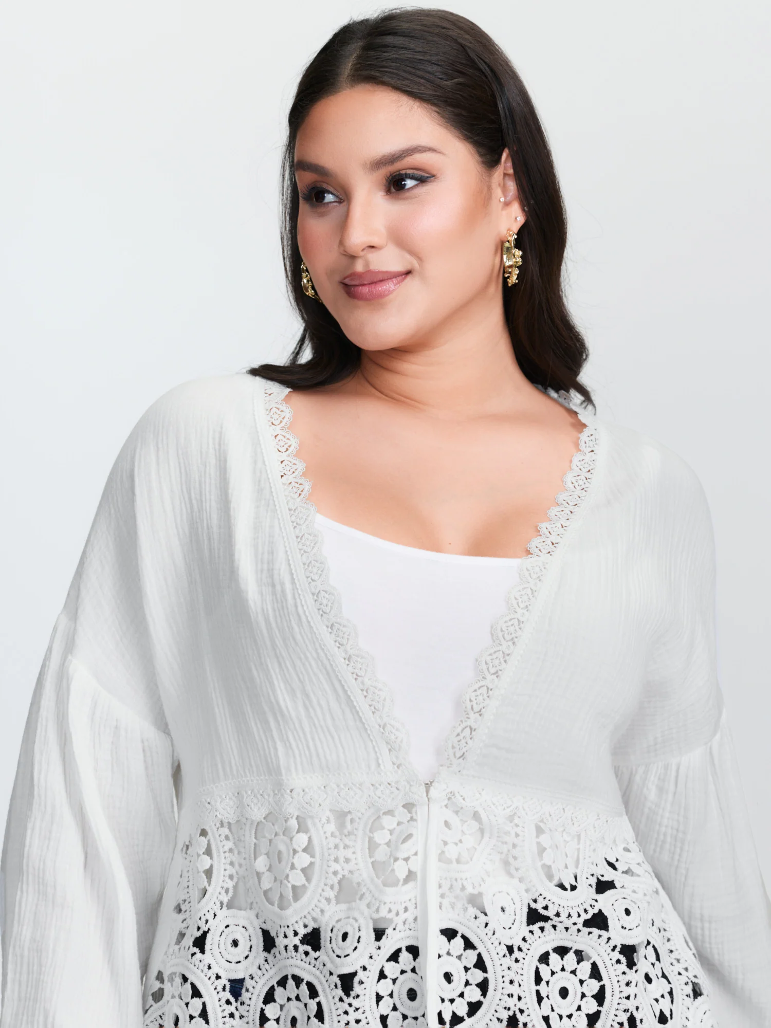 Cotton Boho Lace Cut-Out Open-Front Kimono - Image 2