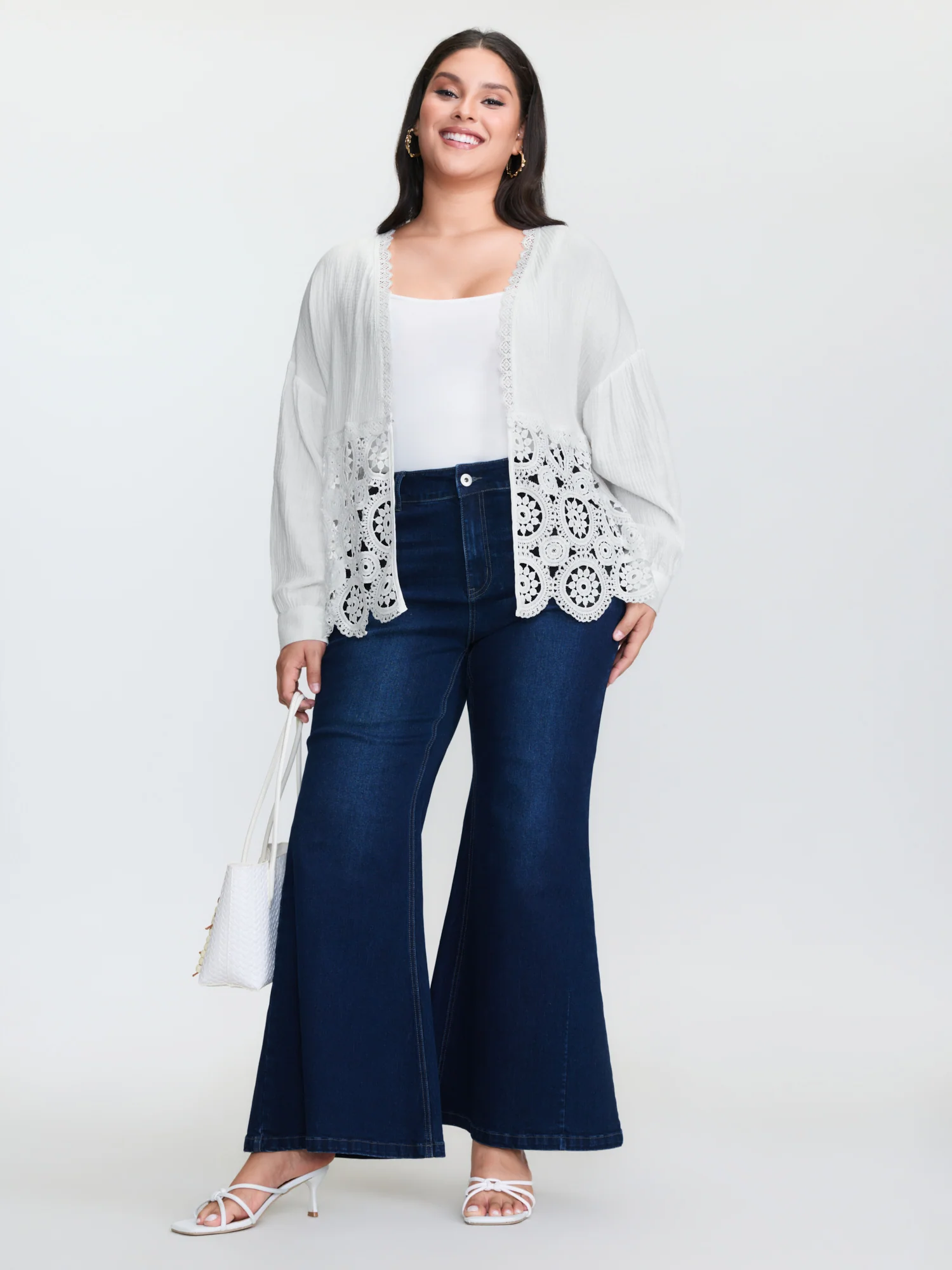Cotton Boho Lace Cut-Out Open-Front Kimono - Image 3