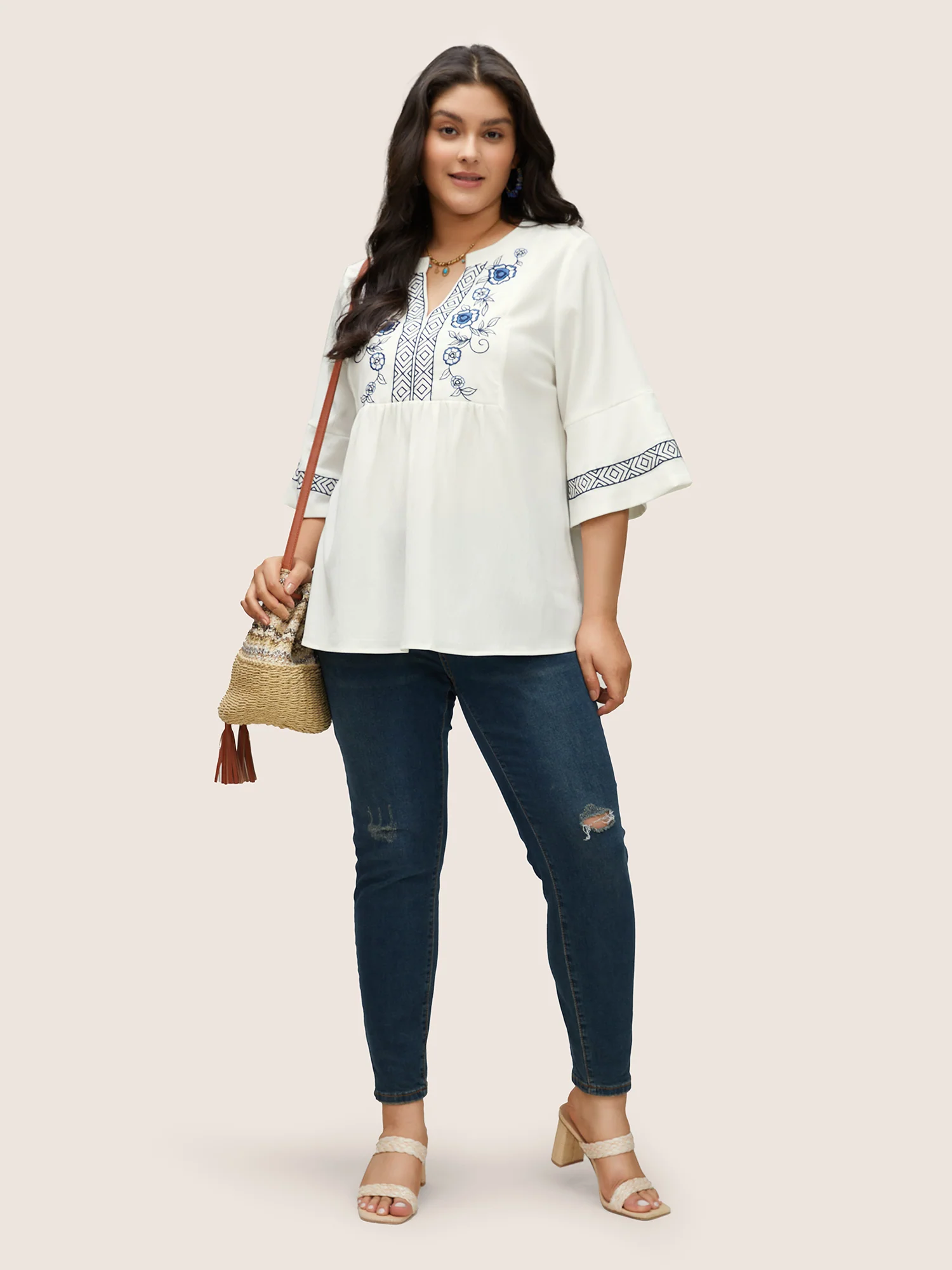 Boho Print Embroidered Gathered Notched Blouse - Image 2