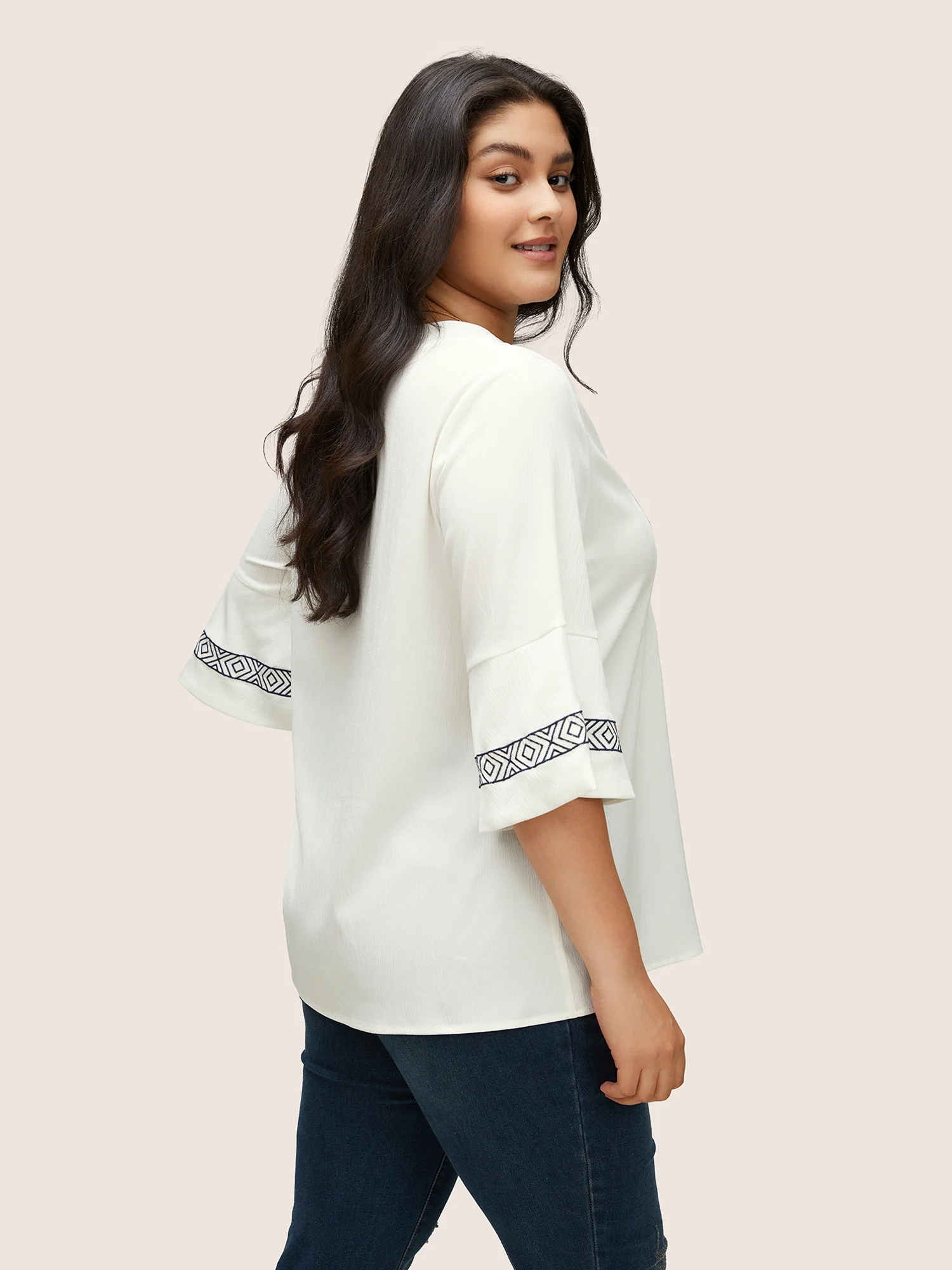 Boho Print Embroidered Gathered Notched Blouse - Image 4