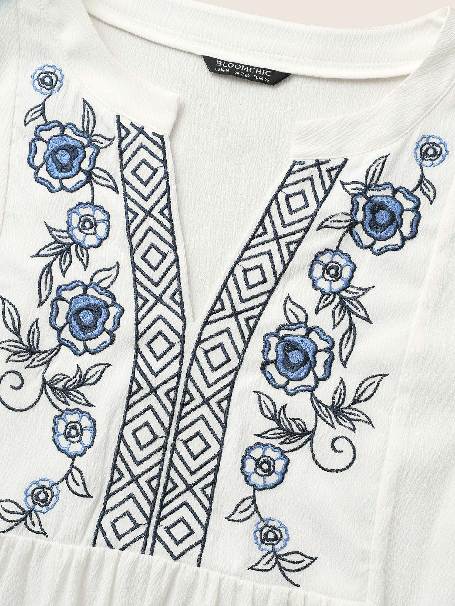 Boho Print Embroidered Gathered Notched Blouse - Image 5