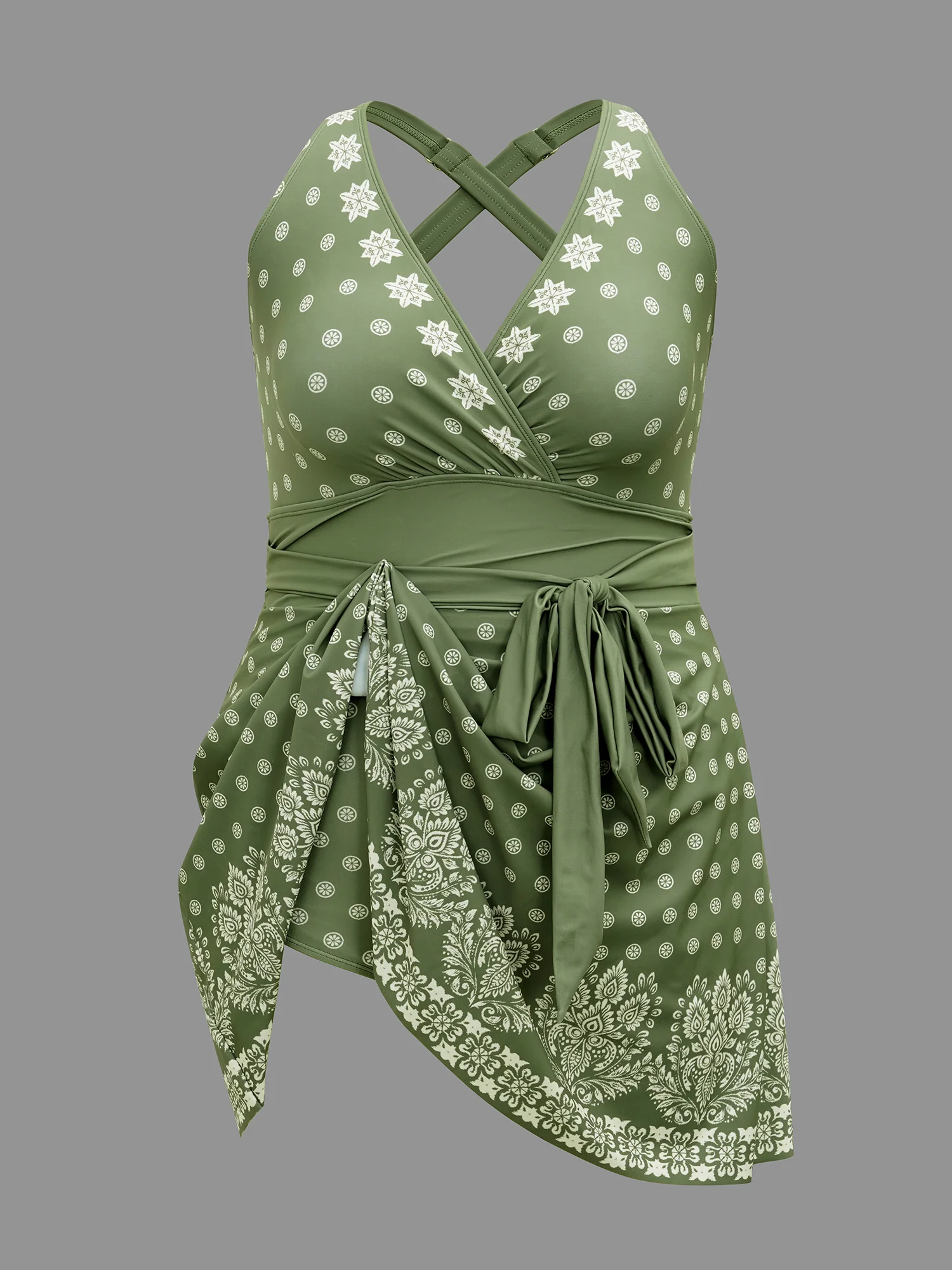 Boho Print Waist-Tie Surplice Neck Swim Dress - Image 9