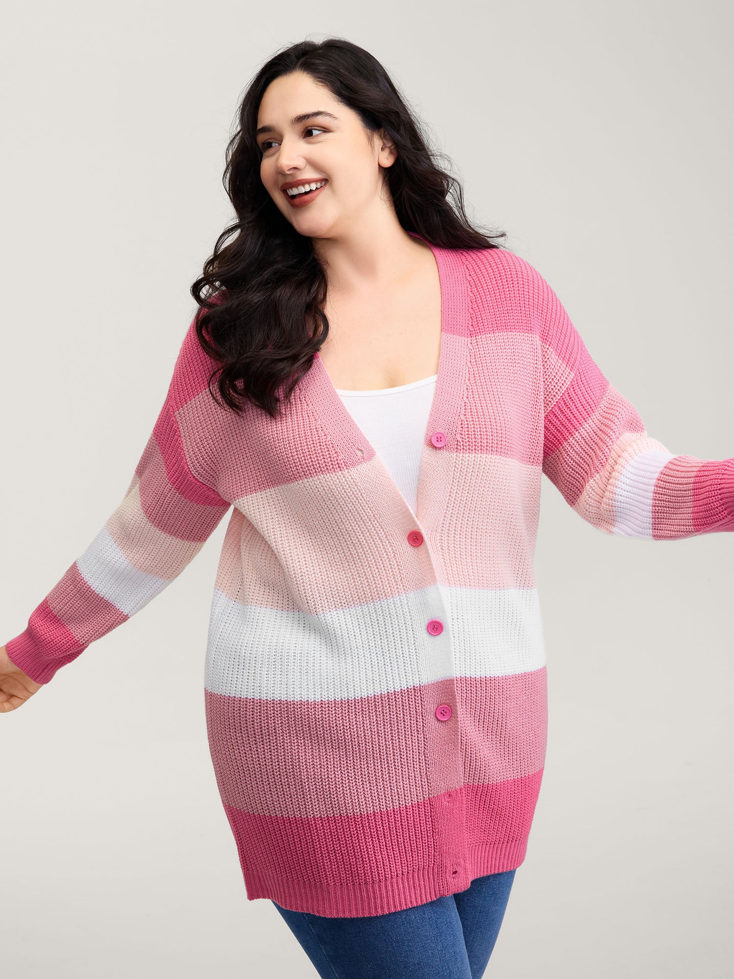 Colorblock Contrast Texture Button Cardigan - Image 4