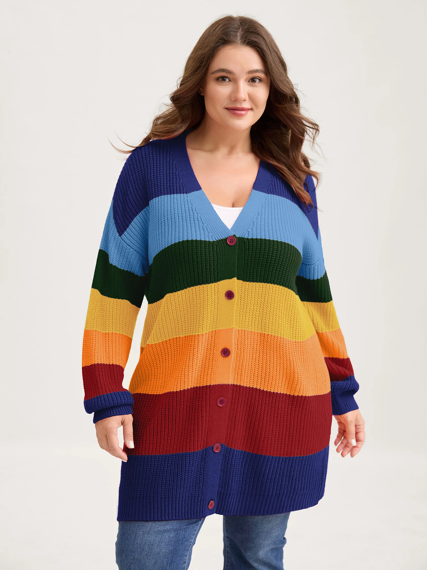 Colorblock Contrast Texture Button Cardigan - Image 7
