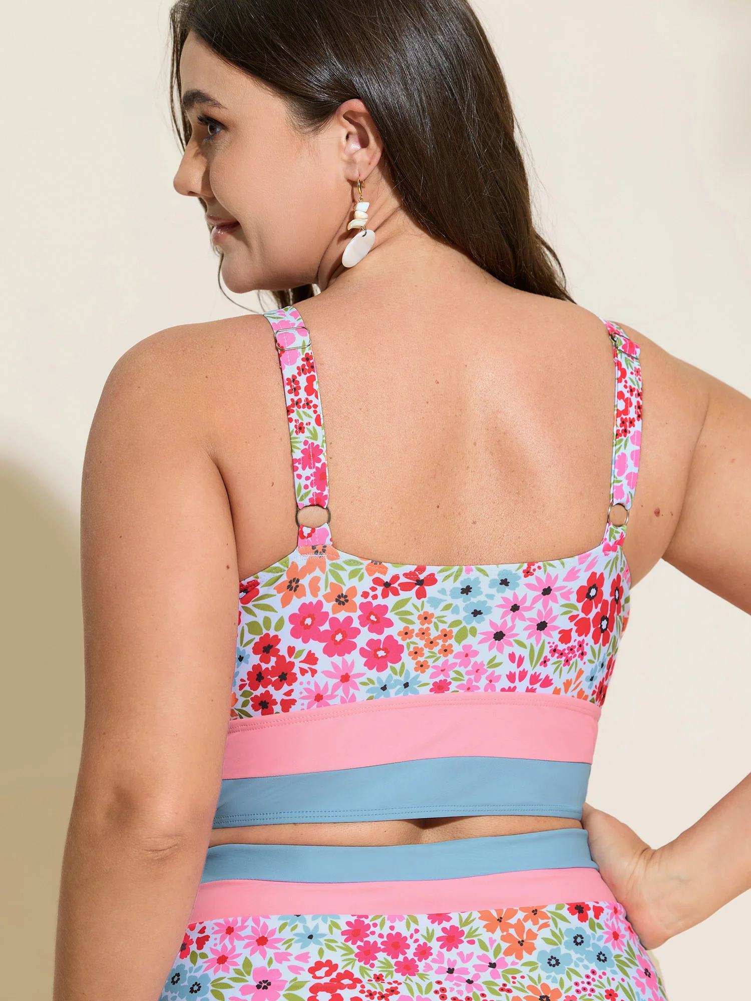 Colorful Floral Print Surplice Neckline Swim Top - Image 5