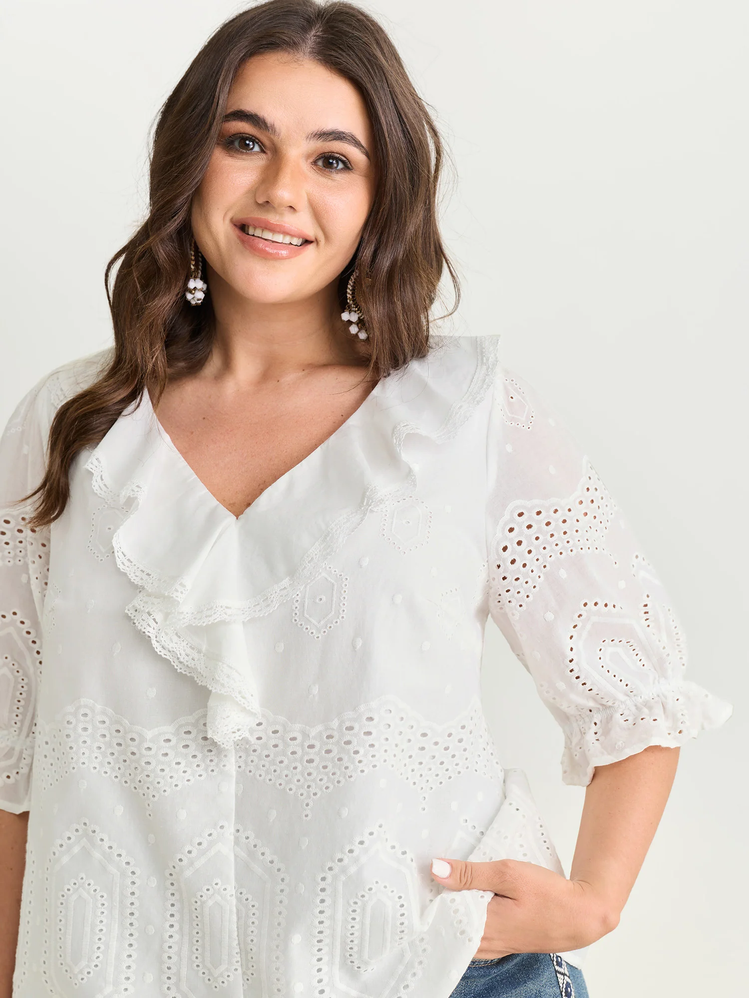 Cotton Cut-Out Lotus Leaf Neckline Blouse - Image 2