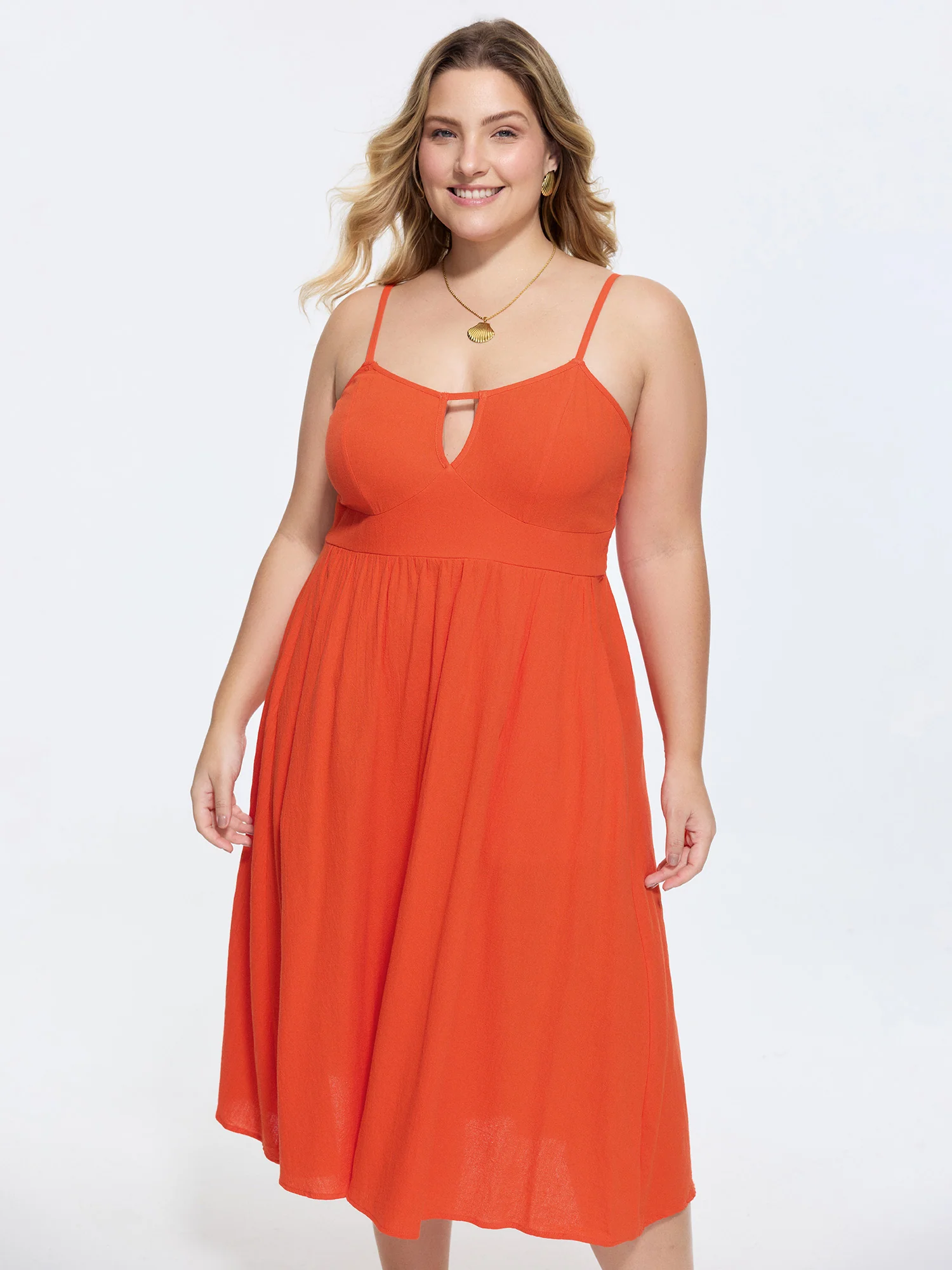 Cotton Plain Shirred Back Cut-Out Midi Dress - Image 3