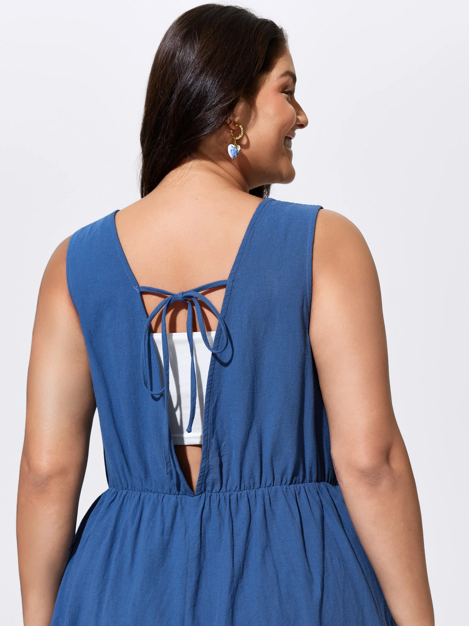 Cotton Pleated Open Back-Ties Plain Romper - Image 2