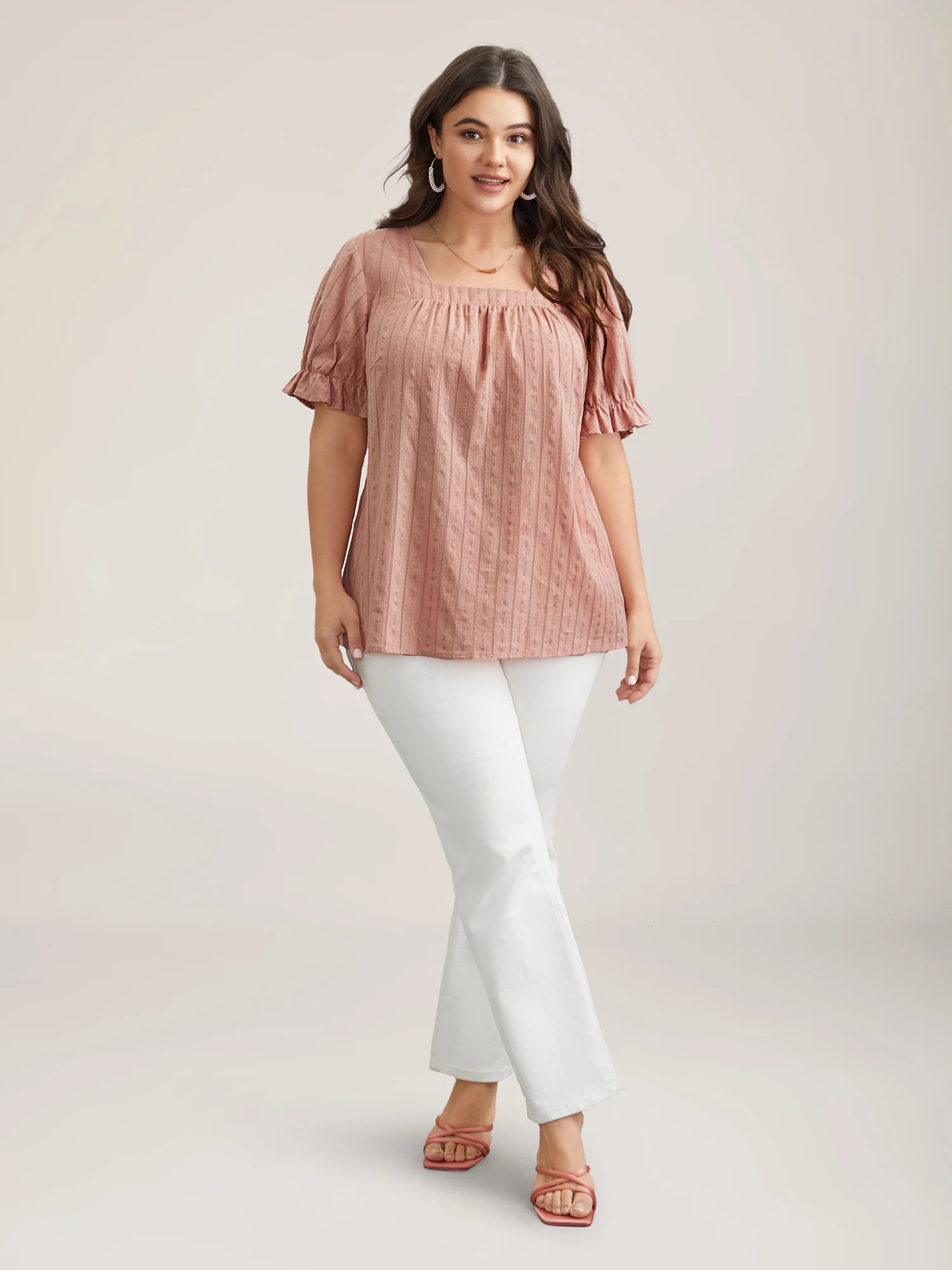 Cotton Square Neck Ruffled Sleeve Shirt - Image 2