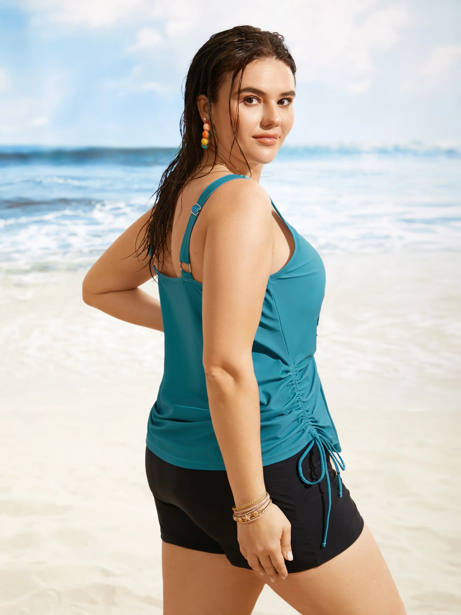 Island Print Drawstring Adjustable Swim Top - Image 2