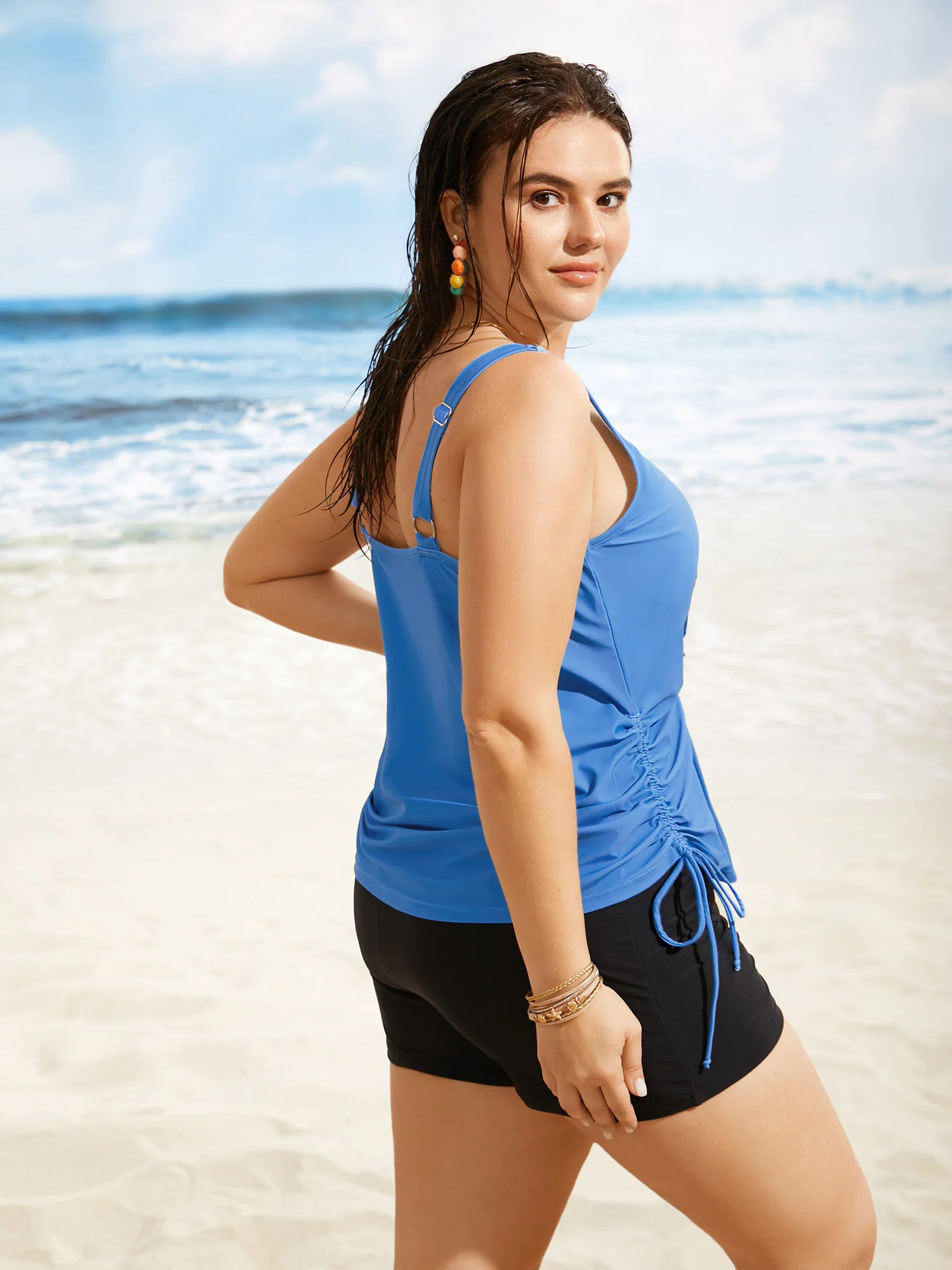 Island Print Drawstring Adjustable Swim Top - Image 32