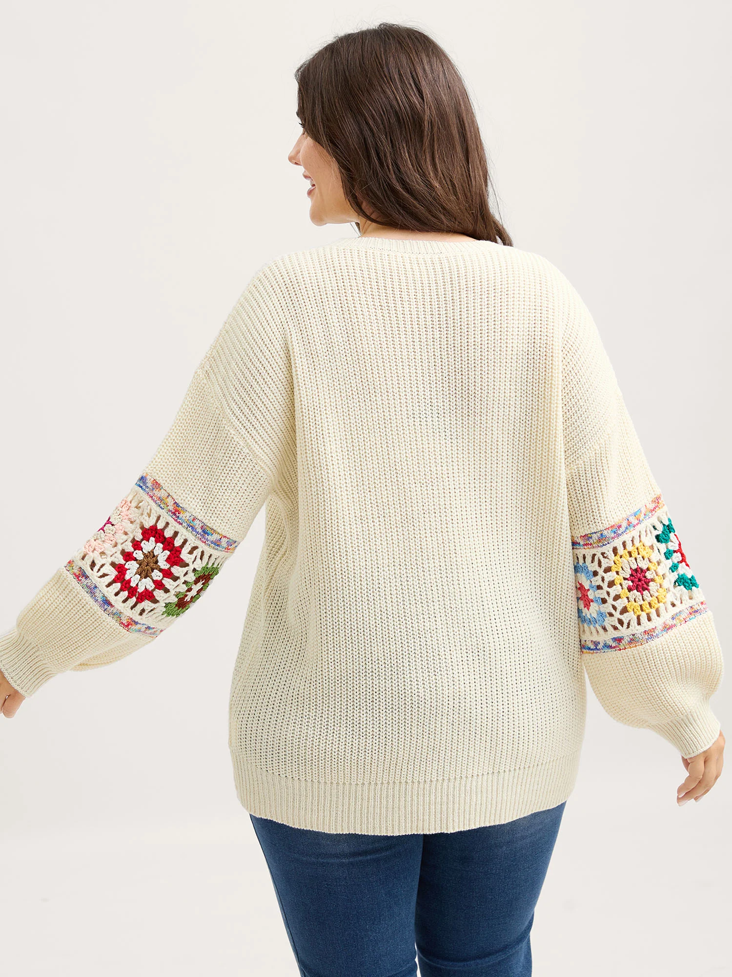 Crochet Floral Sleeve Lace Trim Pullover - Image 8