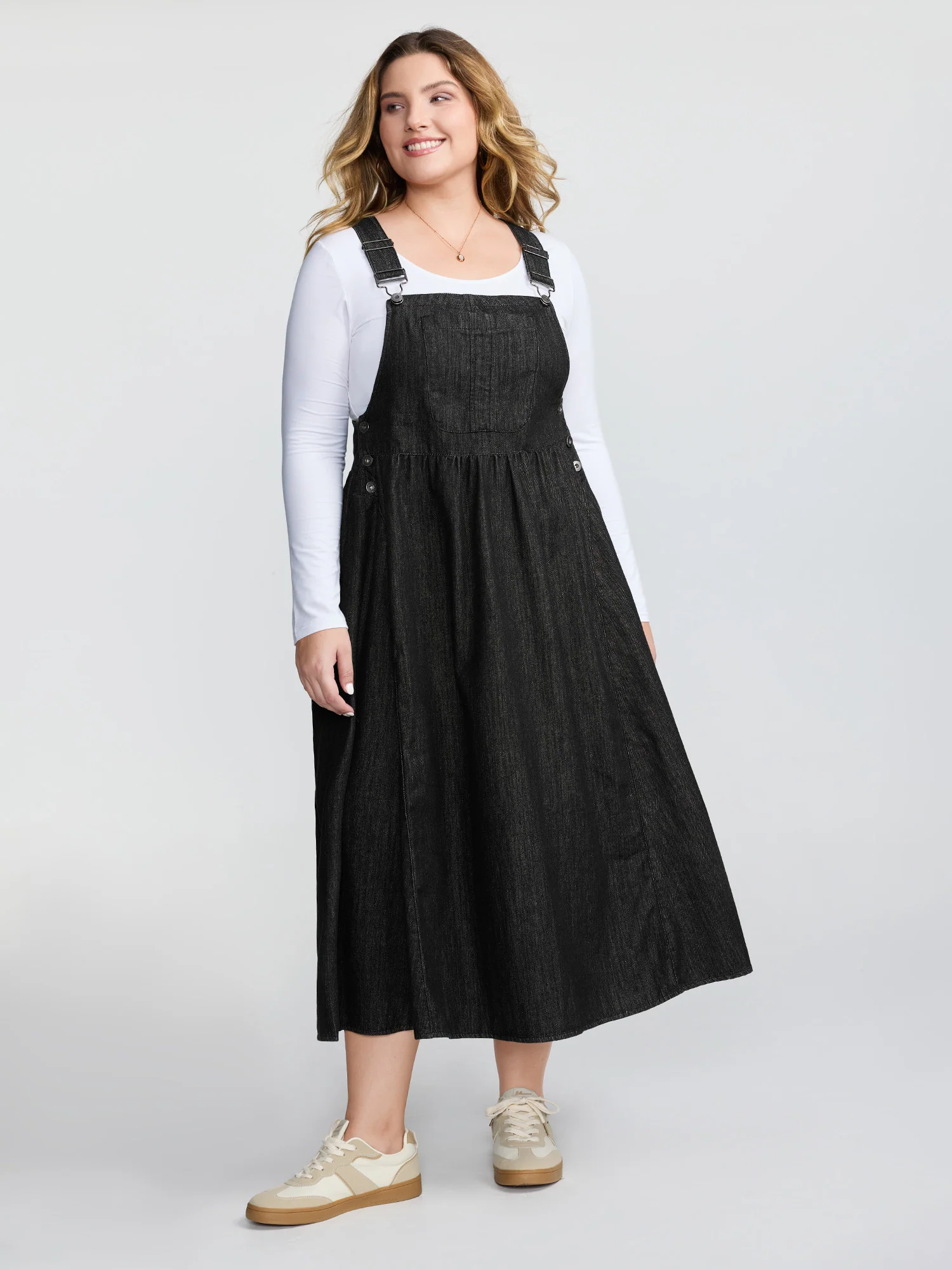 Denim Adjustable Overall Straps Pockets Midi Dress