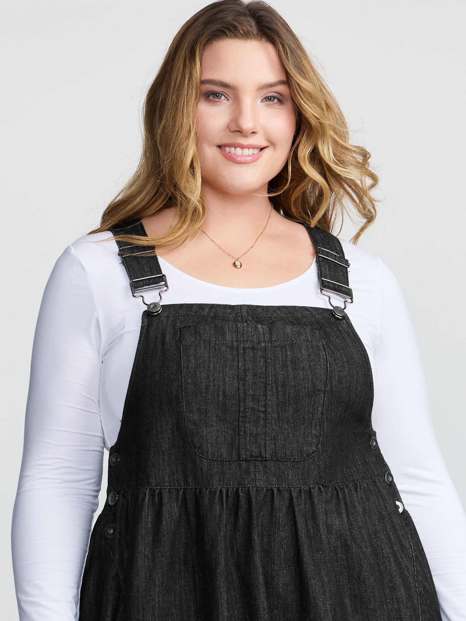 Denim Adjustable Overall Straps Pockets Midi Dress - Image 2