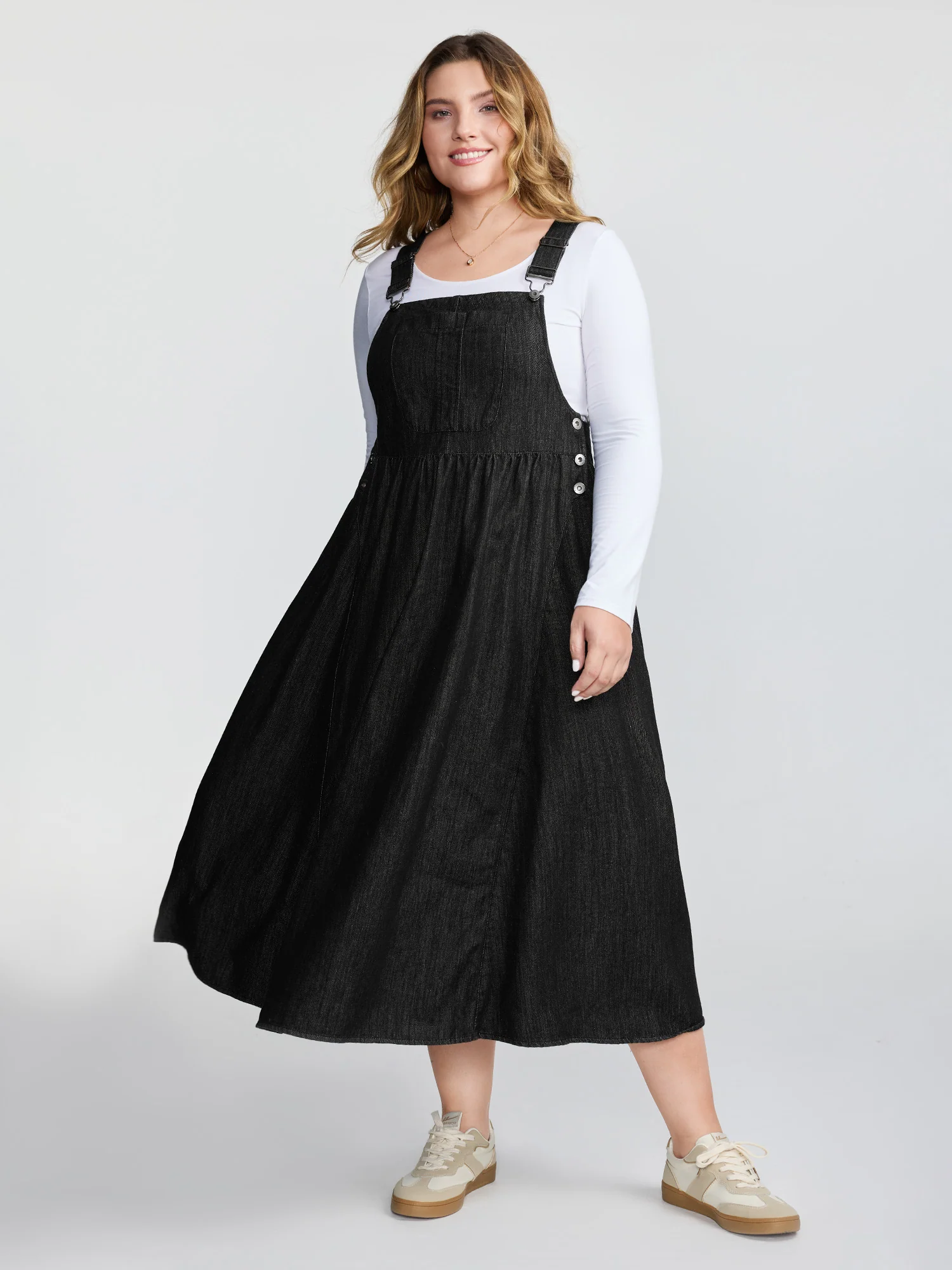 Denim Adjustable Overall Straps Pockets Midi Dress - Image 3