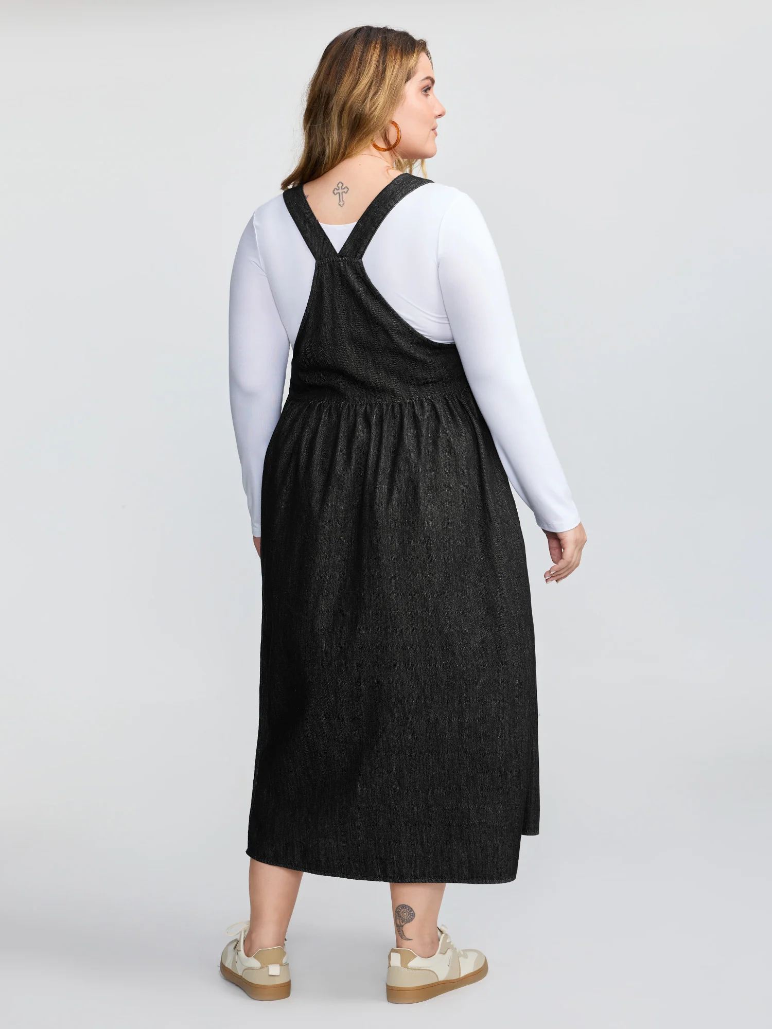 Denim Adjustable Overall Straps Pockets Midi Dress - Image 4