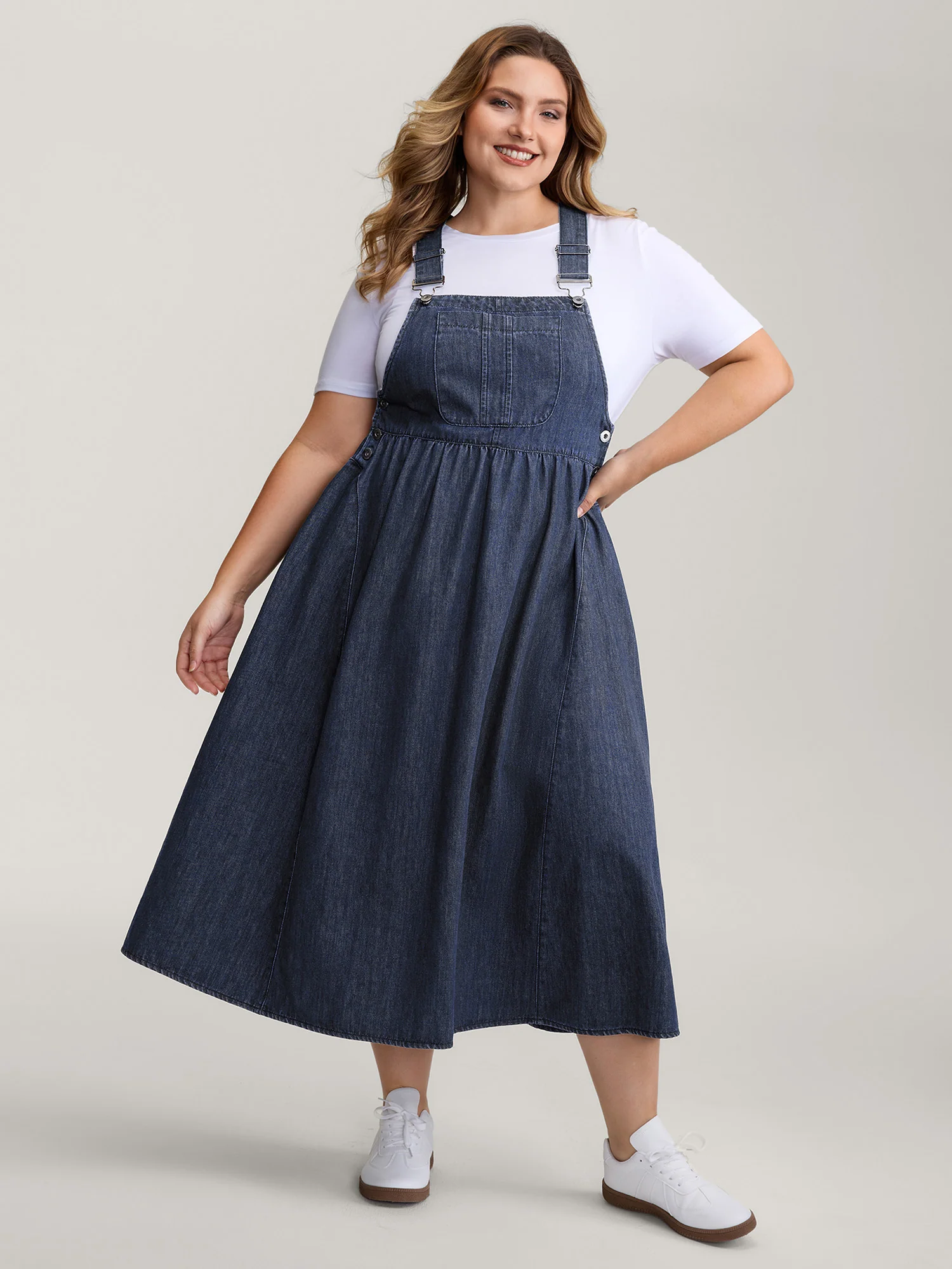 Denim Adjustable Overall Straps Pockets Midi Dress - Image 5