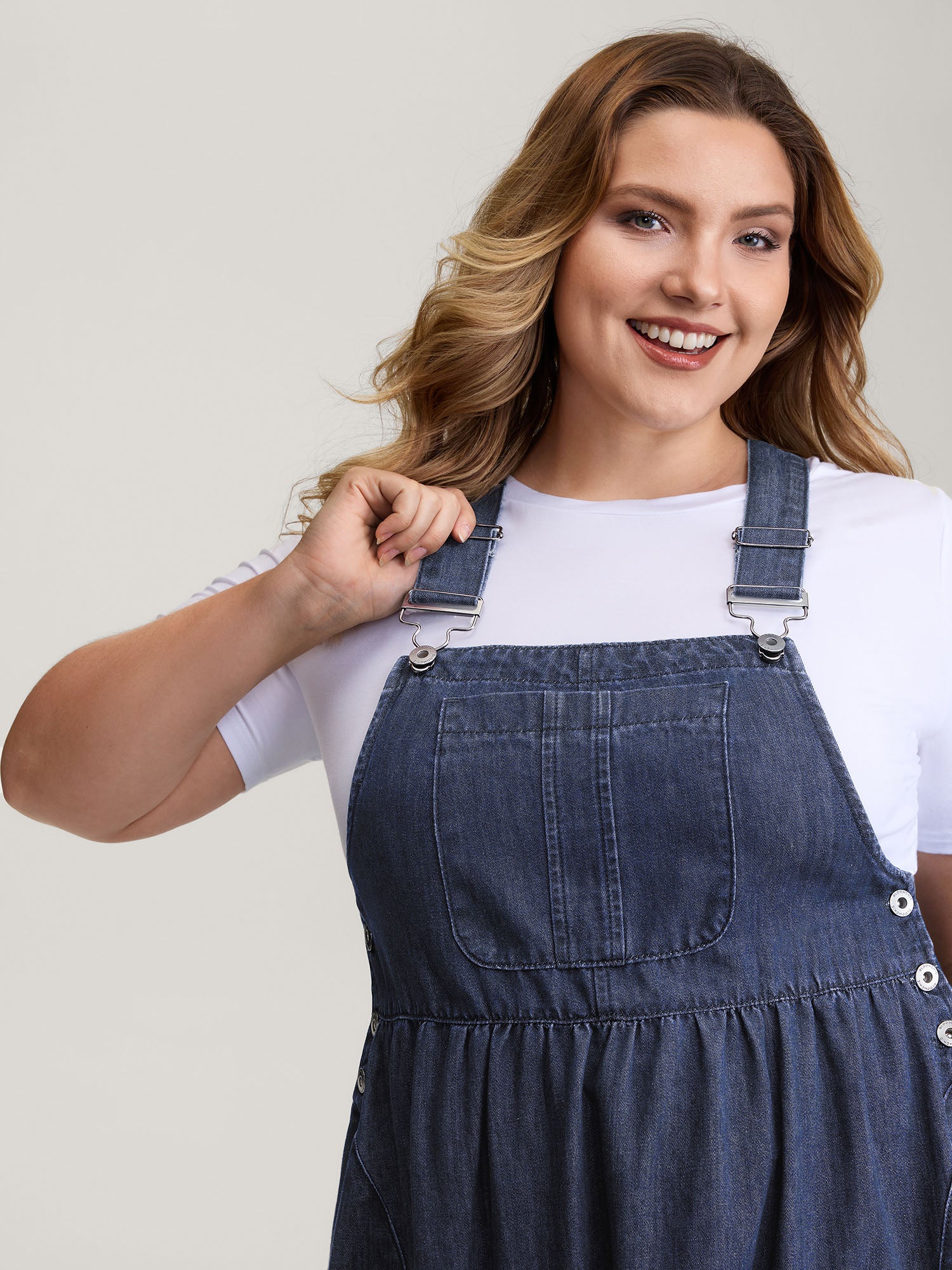 Denim Adjustable Overall Straps Pockets Midi Dress - Image 6