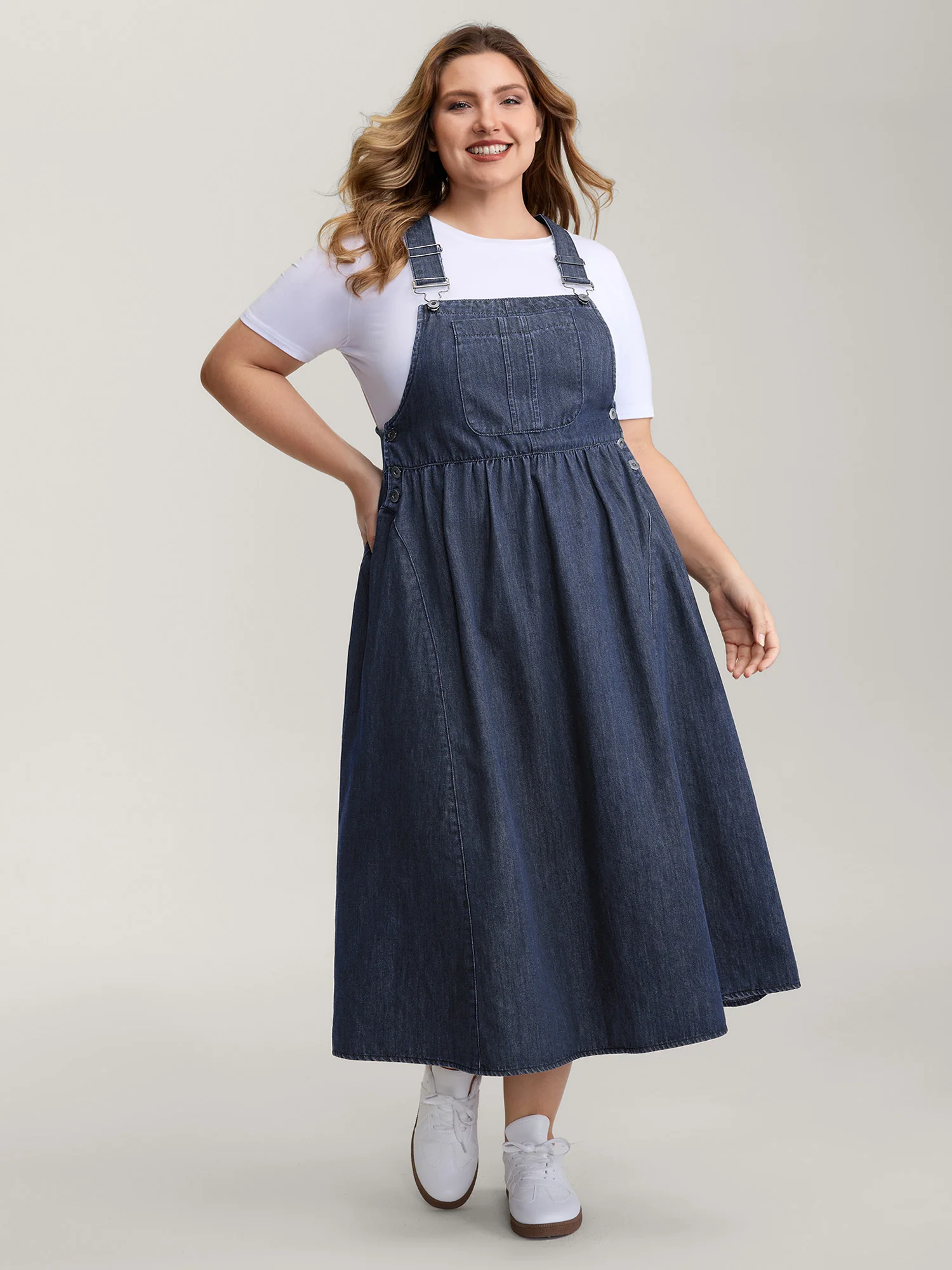 Denim Adjustable Overall Straps Pockets Midi Dress - Image 7