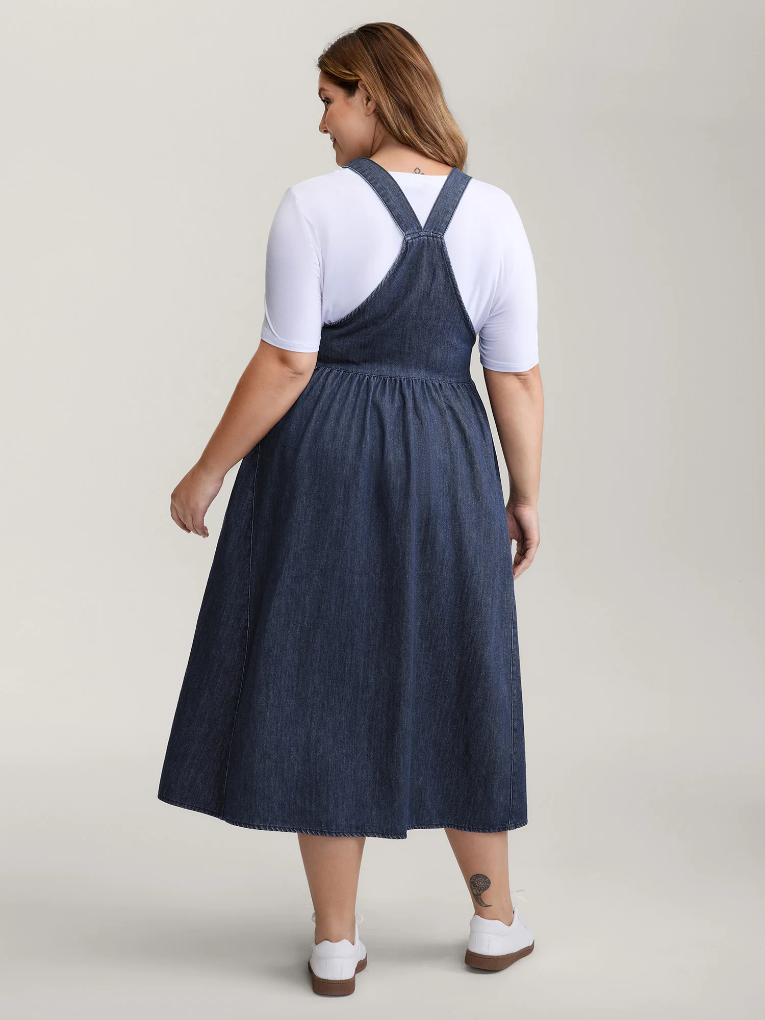 Denim Adjustable Overall Straps Pockets Midi Dress - Image 9