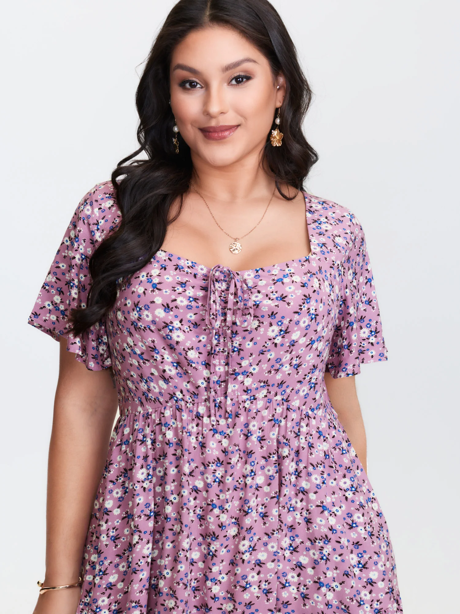 Ditsy Floral Sweetheart Drawstring Pocket Tiered Dress - Image 14