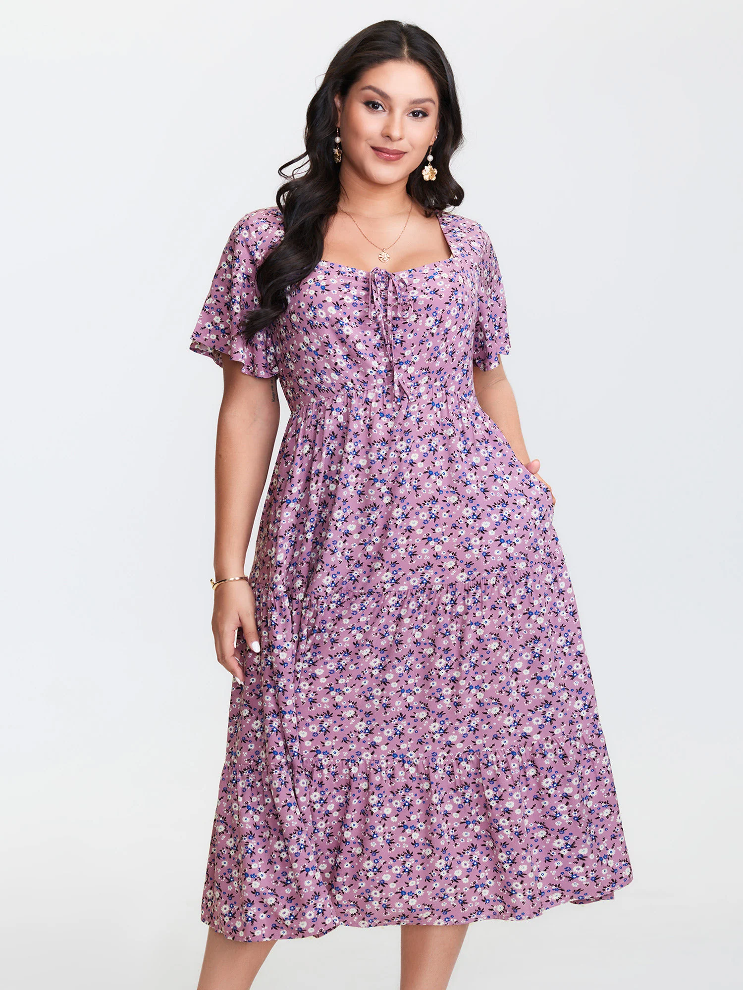 Ditsy Floral Sweetheart Drawstring Pocket Tiered Dress - Image 15