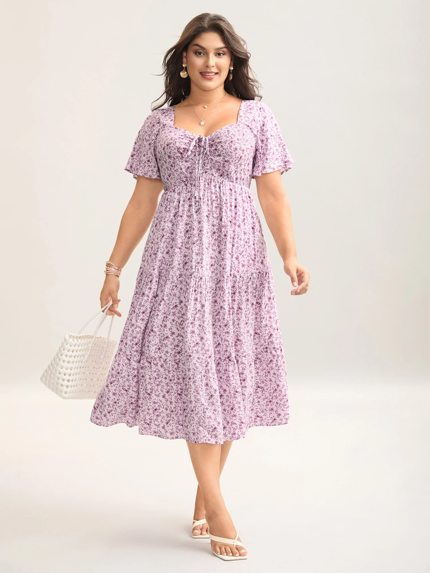 Ditsy Floral Sweetheart Drawstring Pocket Tiered Dress - Image 17