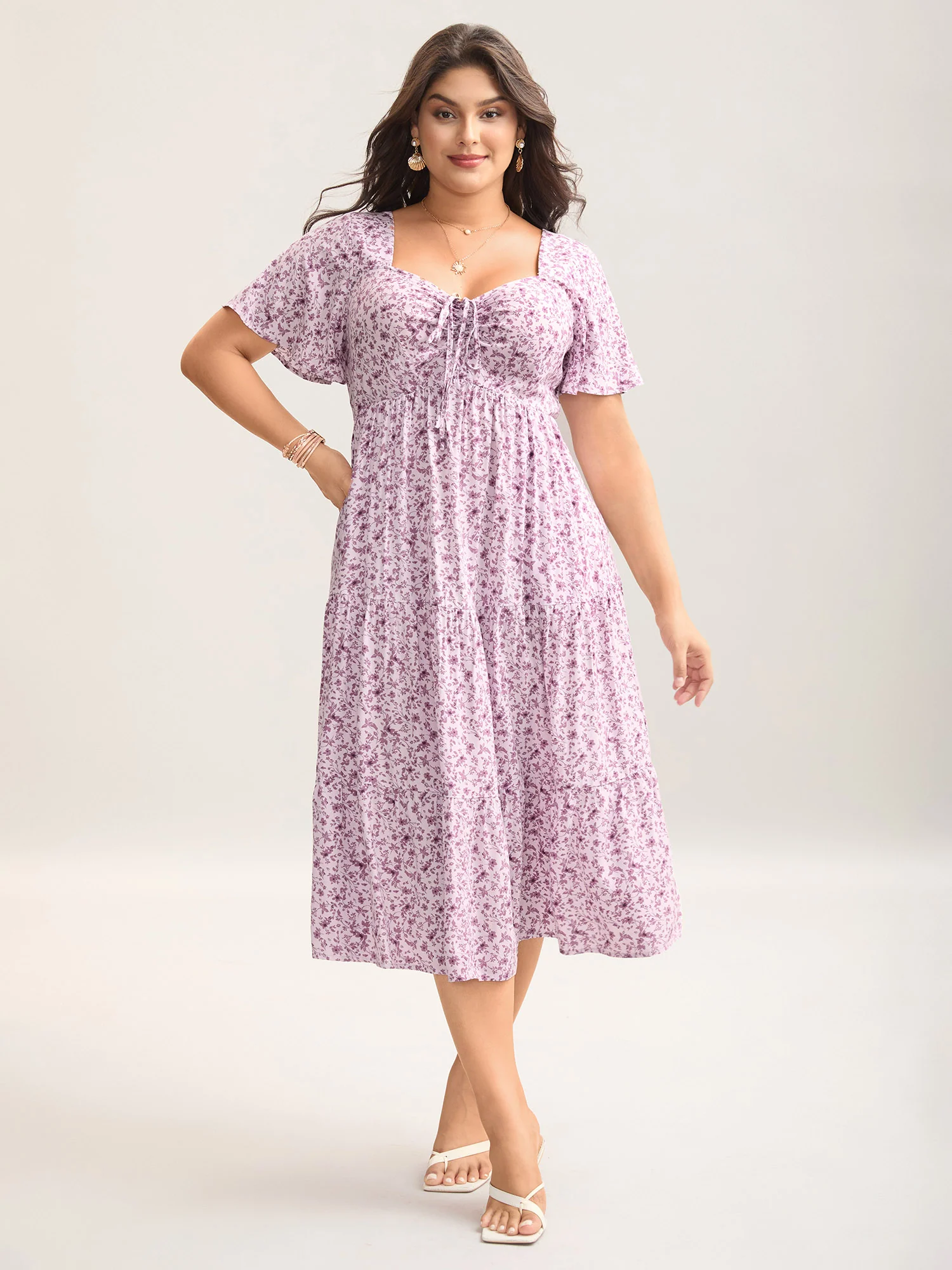 Ditsy Floral Sweetheart Drawstring Pocket Tiered Dress - Image 19