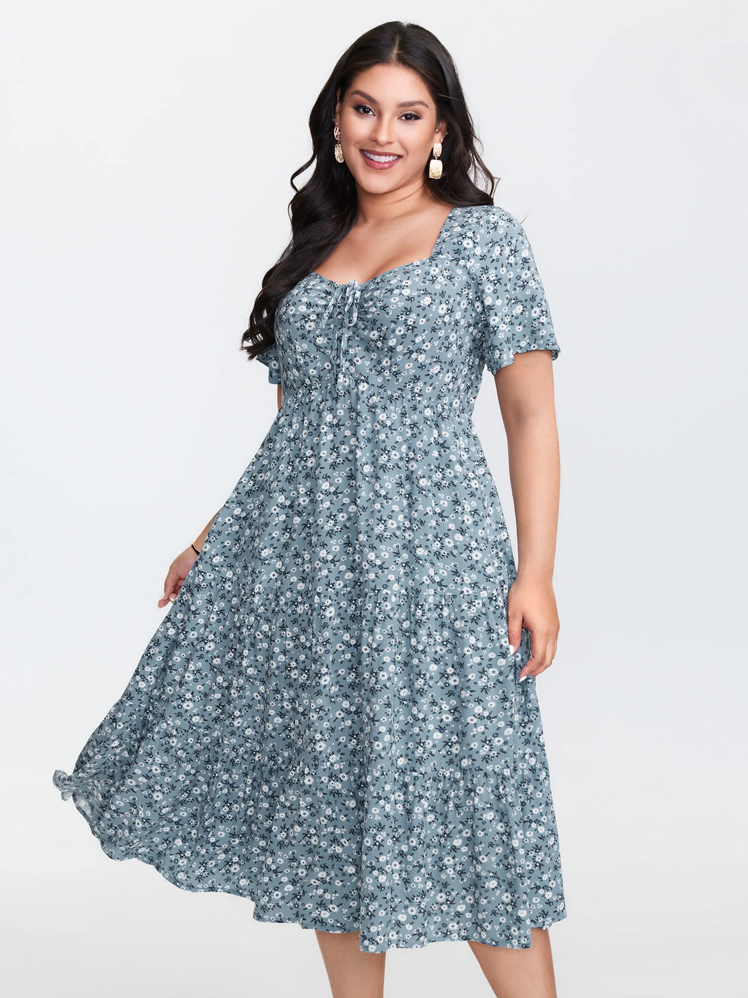Ditsy Floral Sweetheart Drawstring Pocket Tiered Dress - Image 21