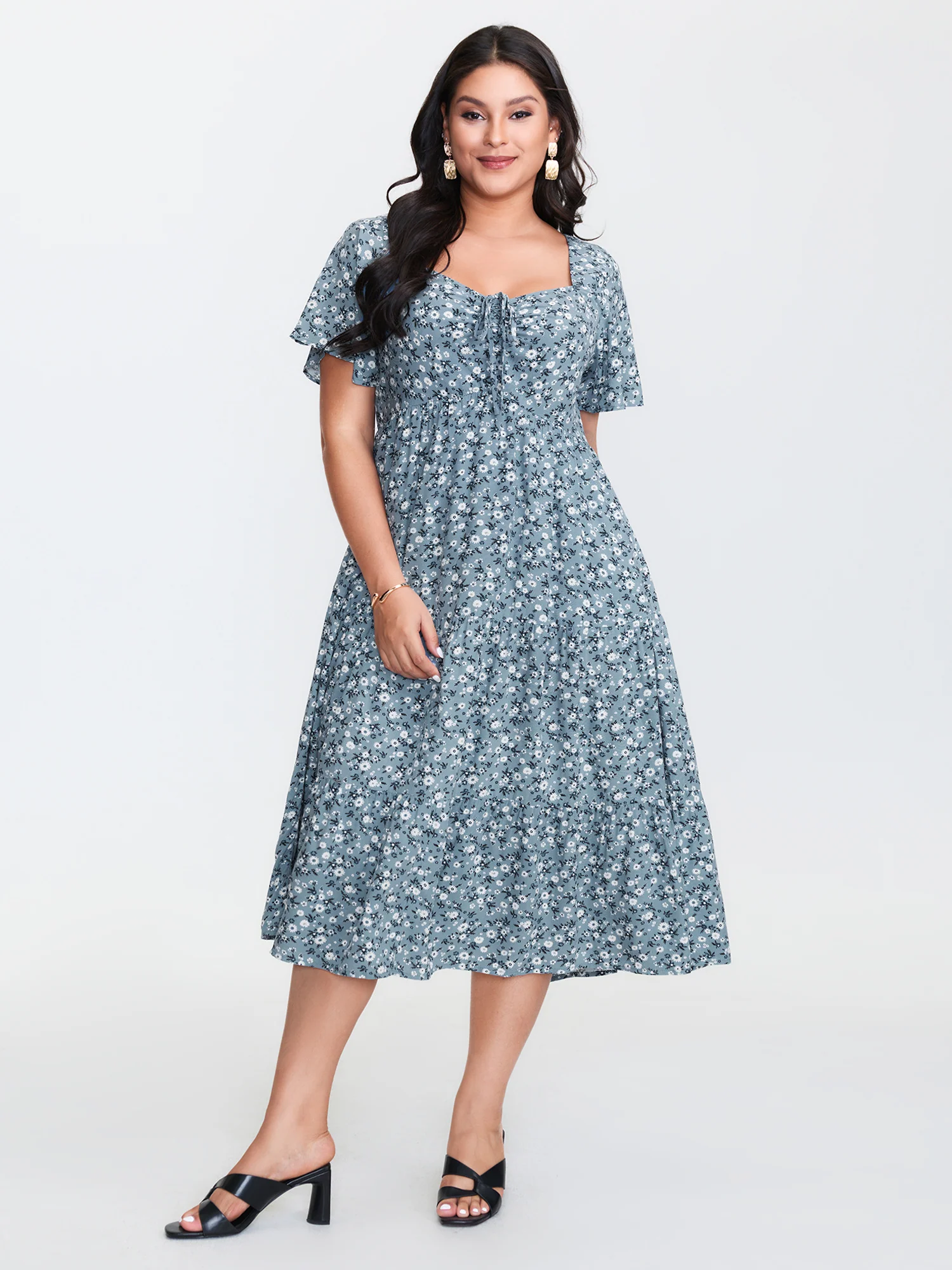 Ditsy Floral Sweetheart Drawstring Pocket Tiered Dress - Image 23