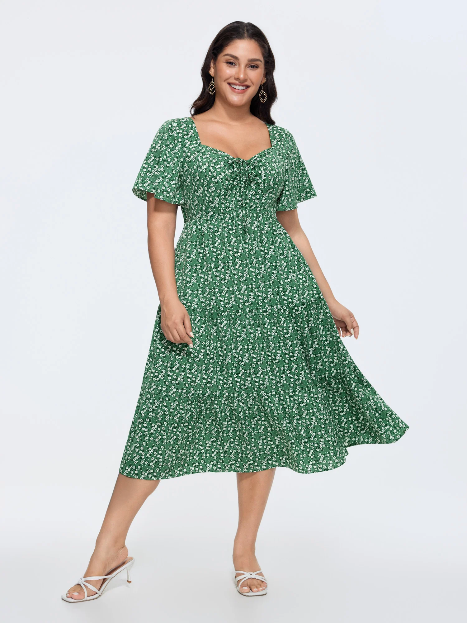 Ditsy Floral Sweetheart Drawstring Pocket Tiered Dress - Image 25