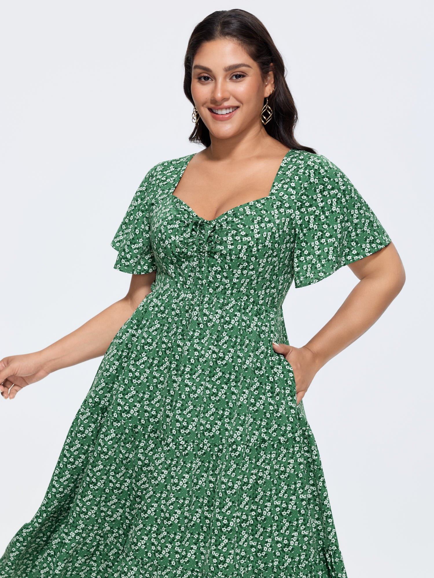 Ditsy Floral Sweetheart Drawstring Pocket Tiered Dress - Image 26