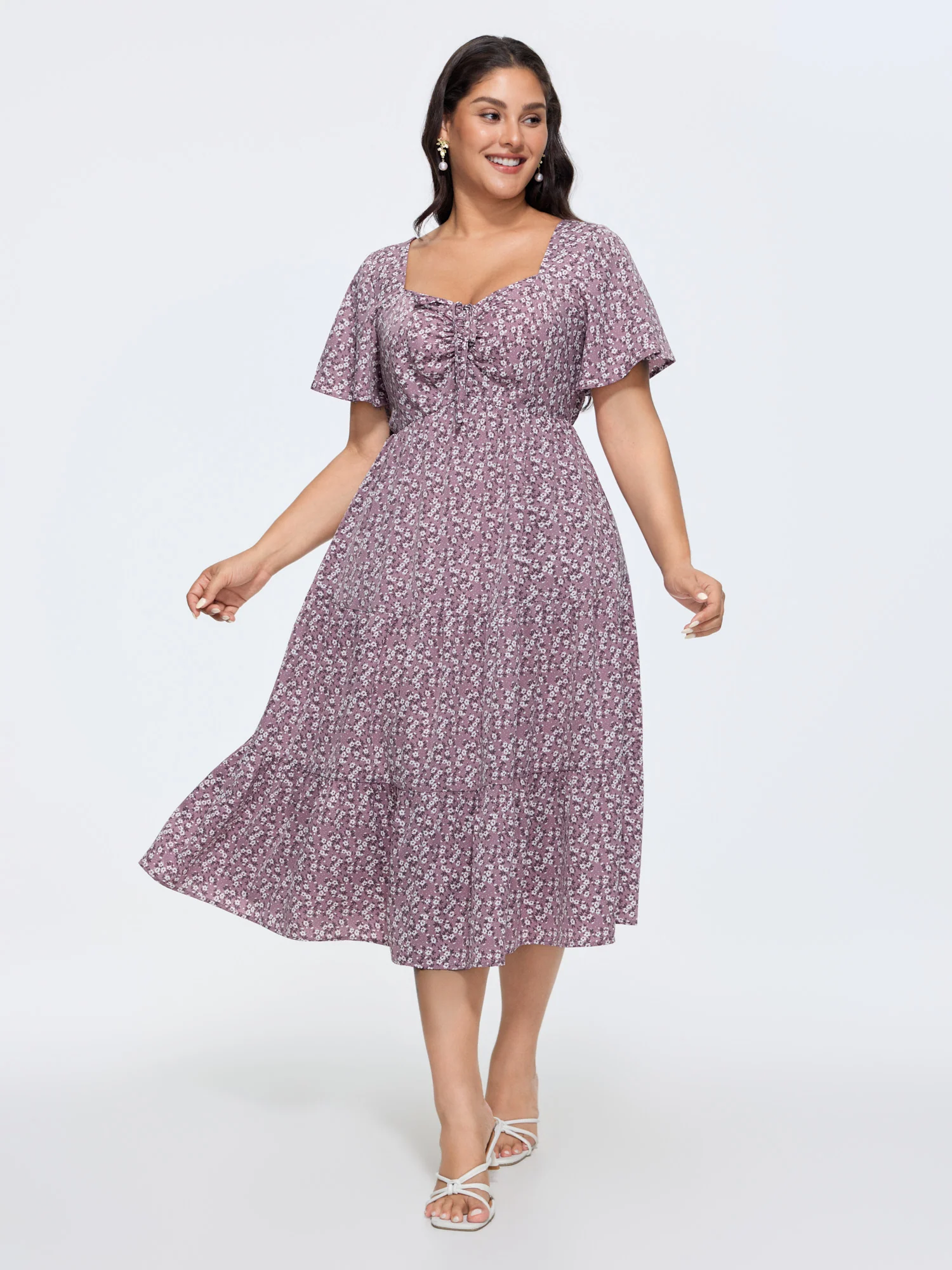 Ditsy Floral Sweetheart Drawstring Pocket Tiered Dress - Image 30