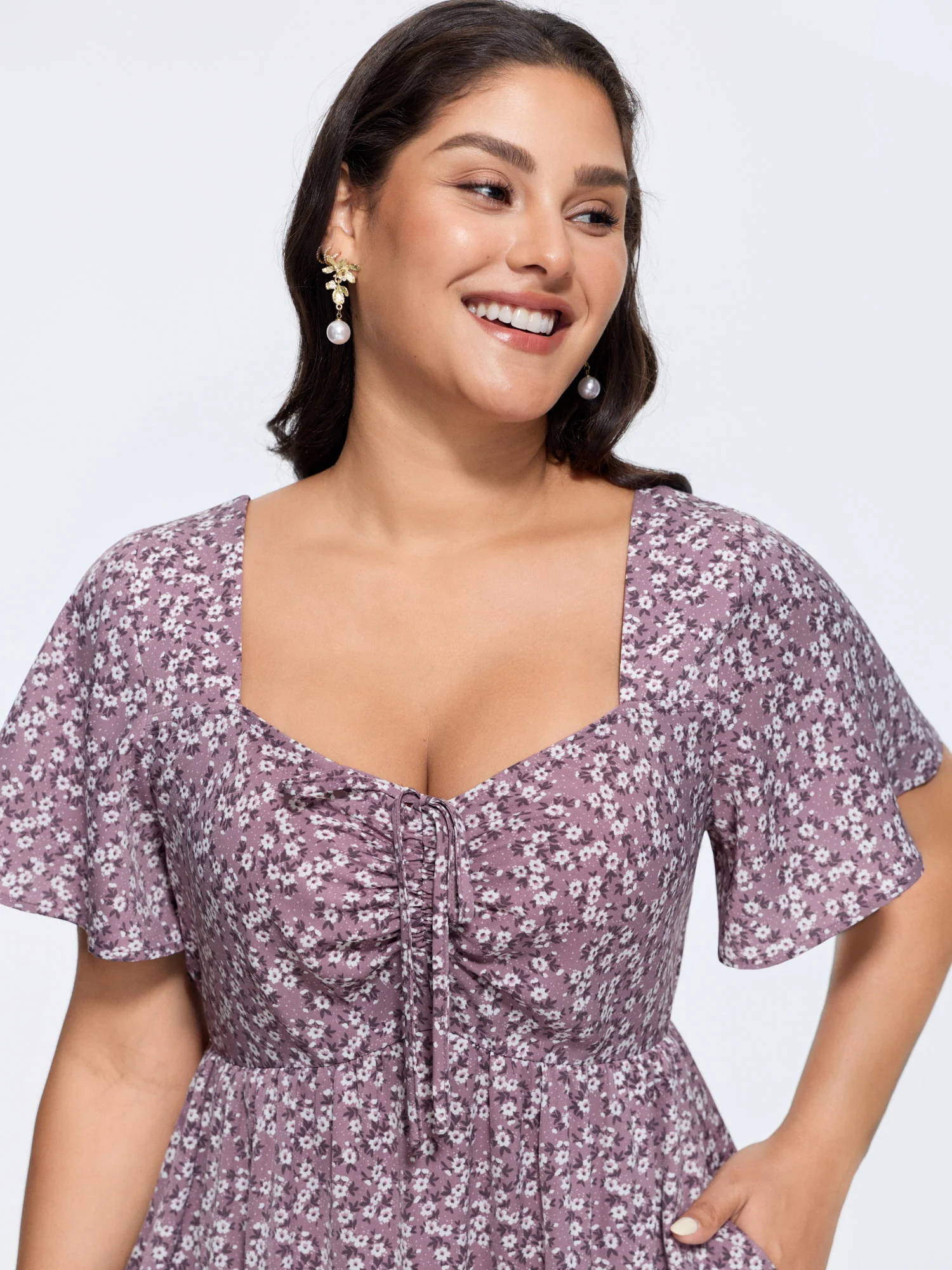 Ditsy Floral Sweetheart Drawstring Pocket Tiered Dress - Image 31
