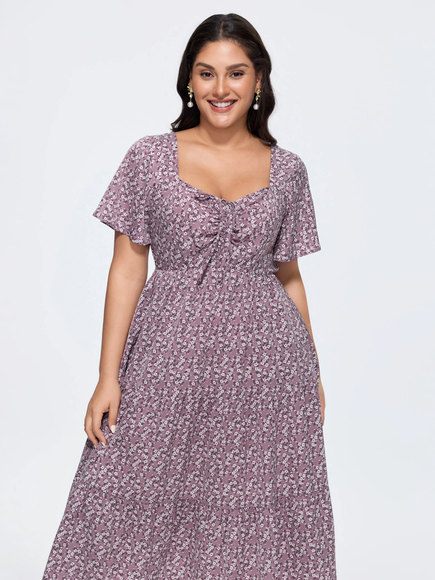 Ditsy Floral Sweetheart Drawstring Pocket Tiered Dress - Image 32