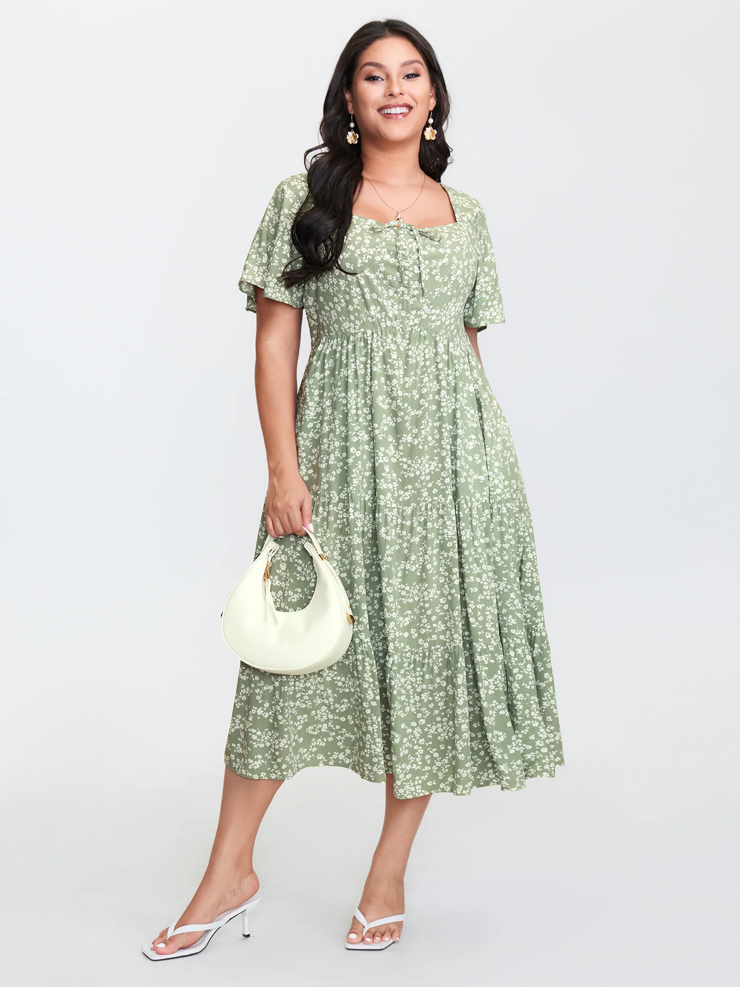 Ditsy Floral Sweetheart Drawstring Pocket Tiered Dress - Image 36