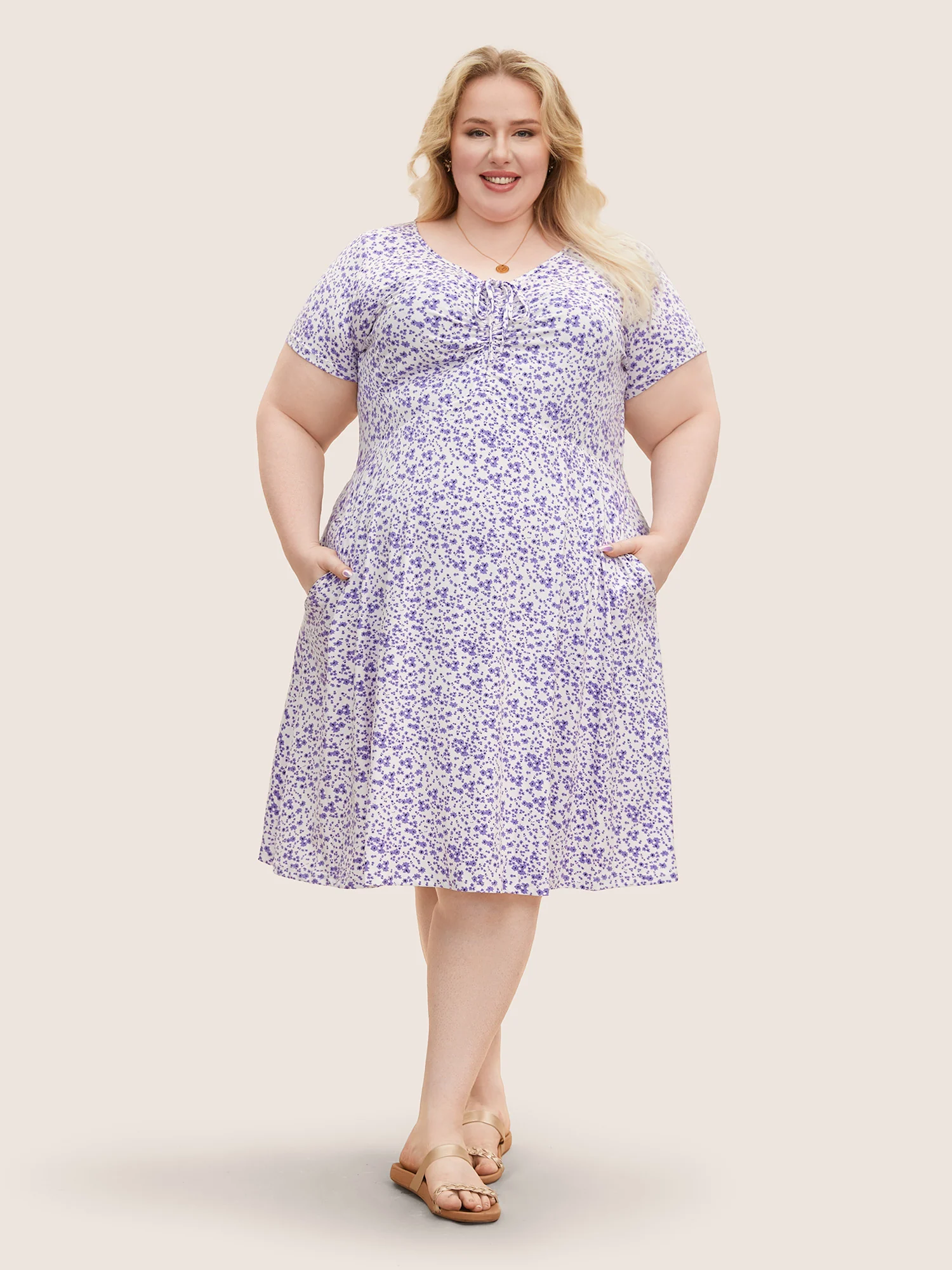 Ditsy Floral Elastic Waist Knot Drawstring Dress - Image 6