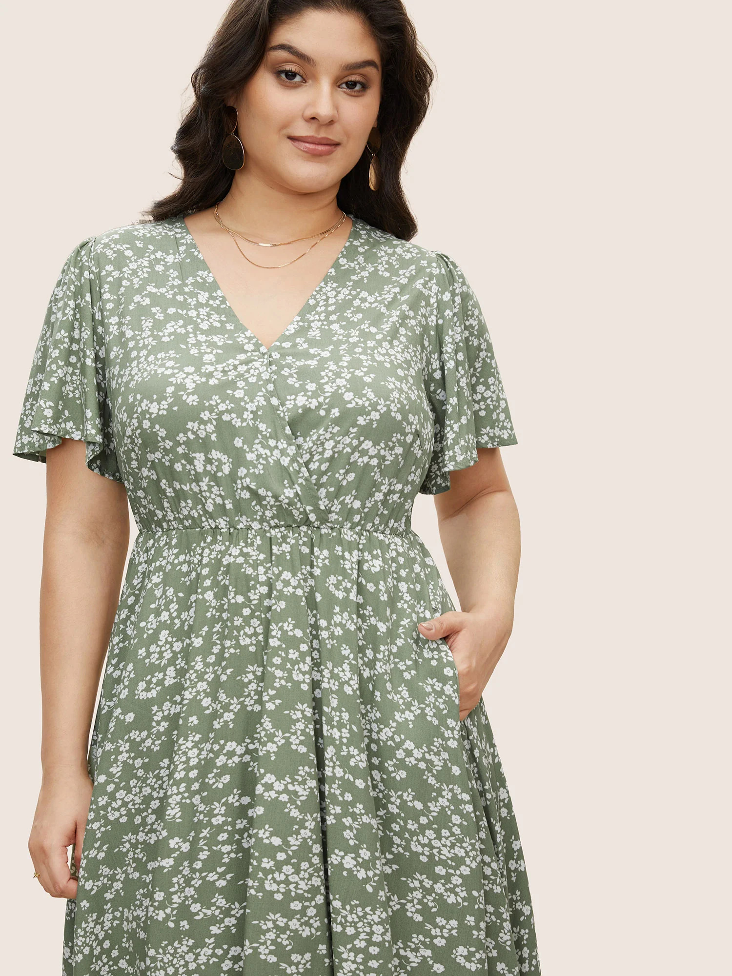 Bloom Dress - Ditsy Floral Elastic Waist Ruffles Pocket Knee Dress - Image 2