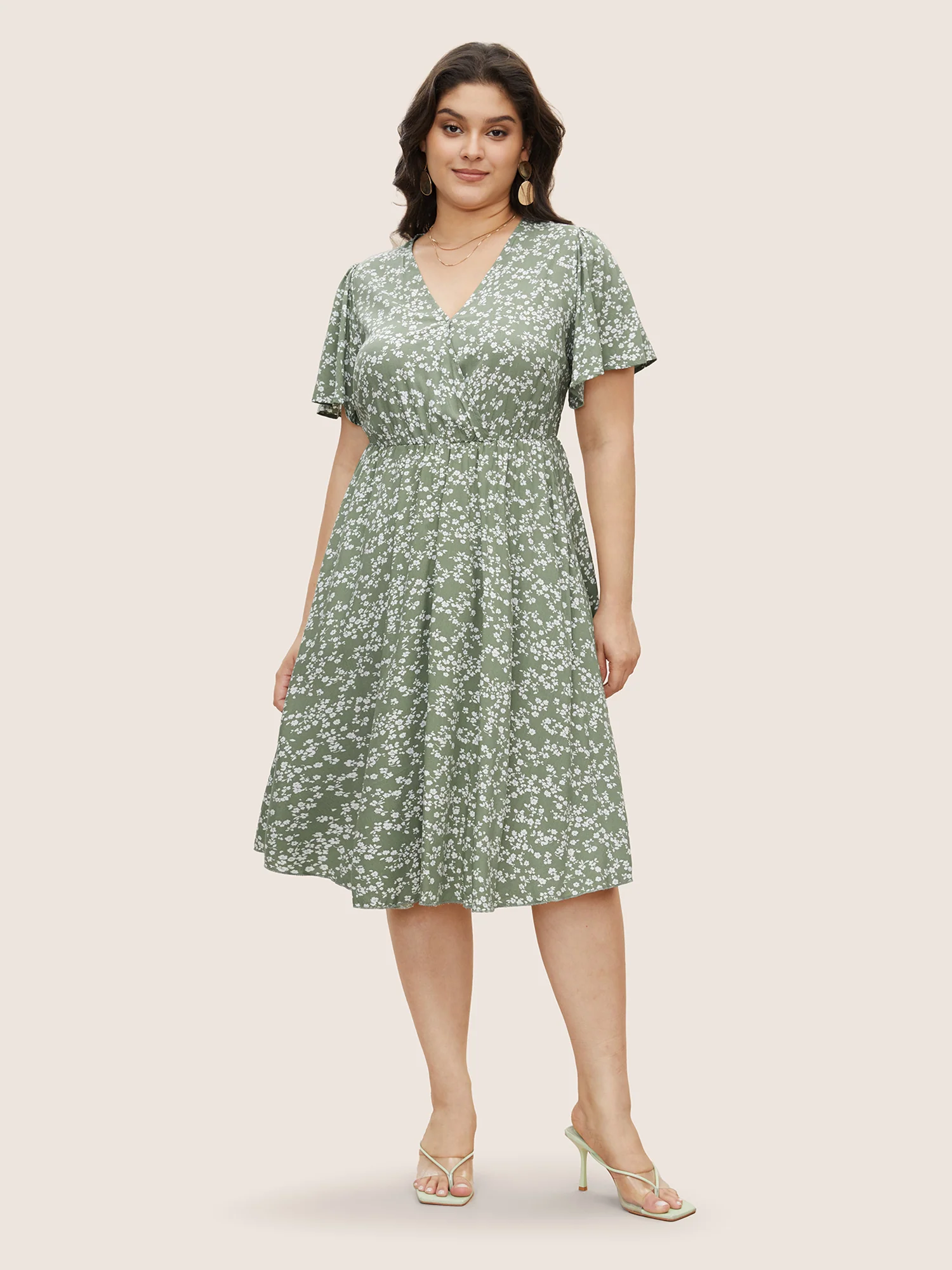 Bloom Dress - Ditsy Floral Elastic Waist Ruffles Pocket Knee Dress - Image 3