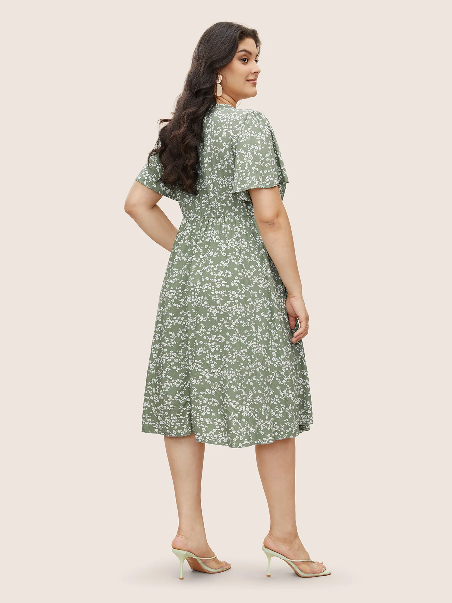 Bloom Dress - Ditsy Floral Elastic Waist Ruffles Pocket Knee Dress - Image 4