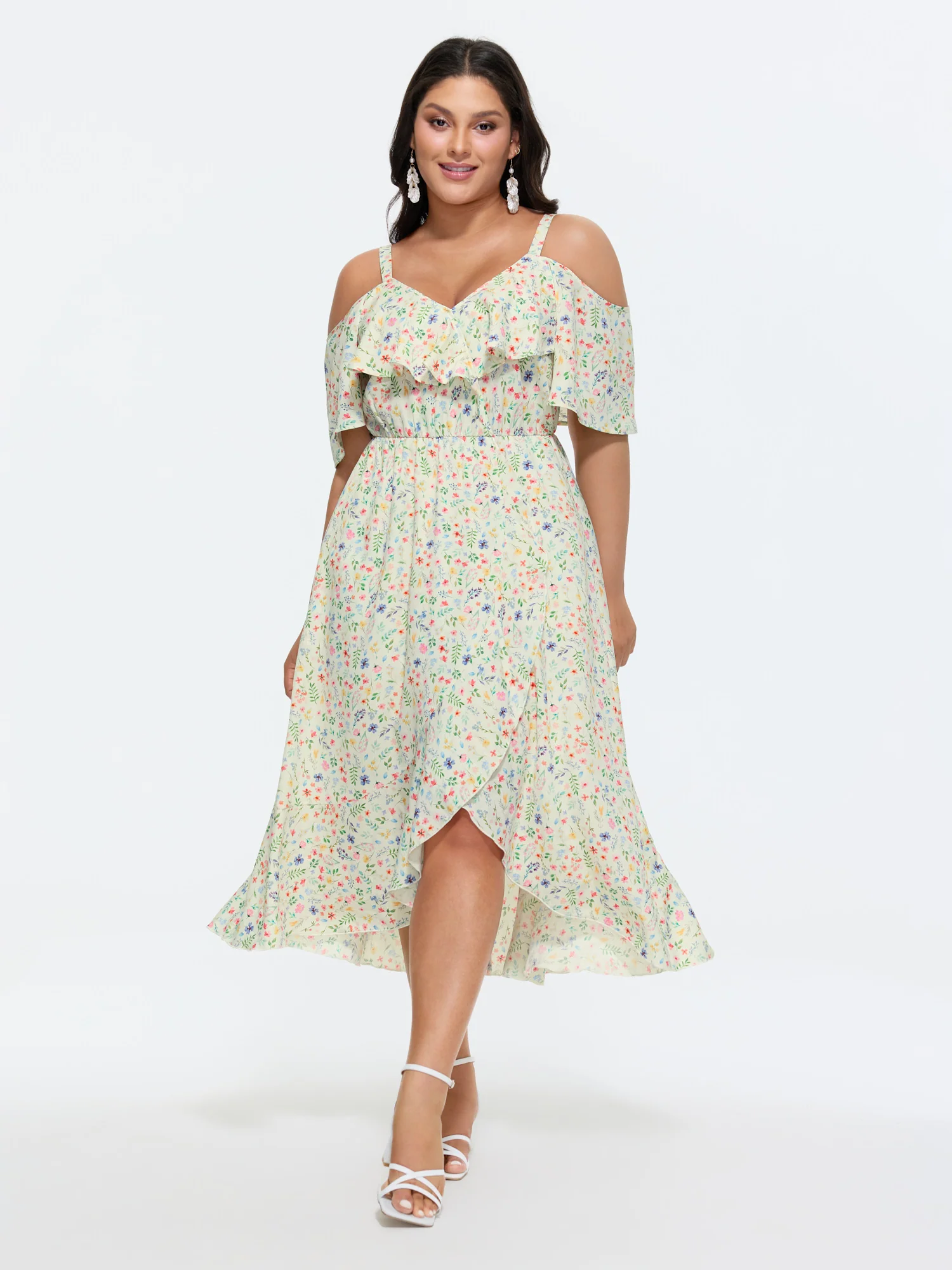 Ditsy Floral Pocket Wrap Cold Shoulder Ruffle Dress - Image 3