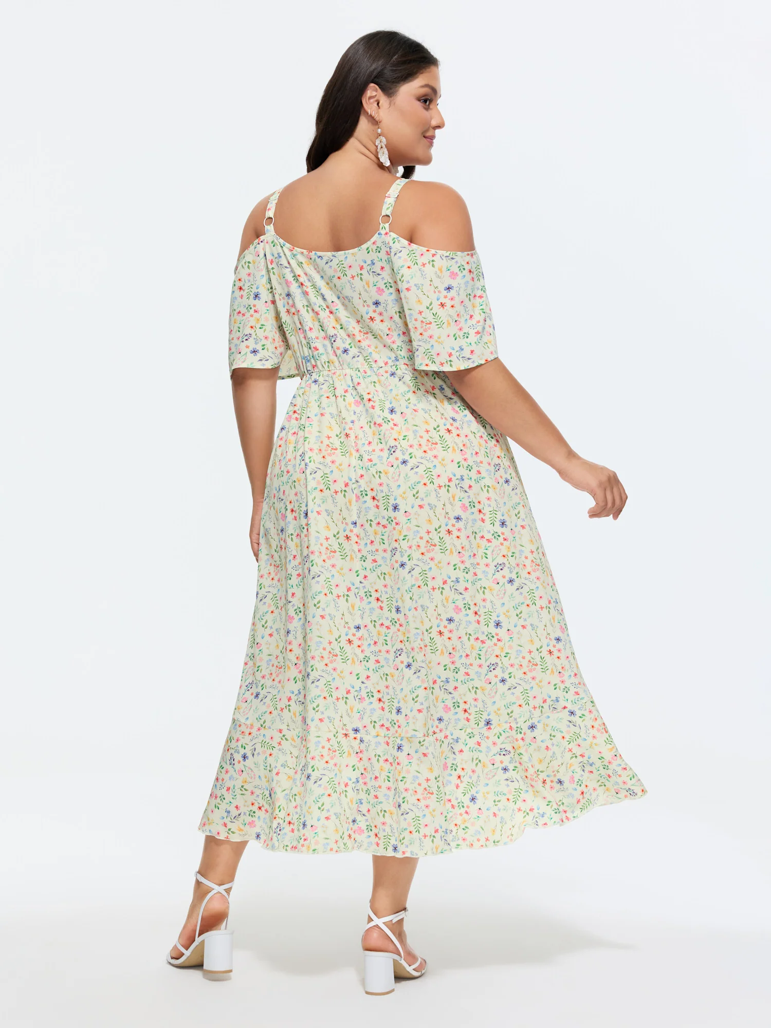 Ditsy Floral Pocket Wrap Cold Shoulder Ruffle Dress - Image 4