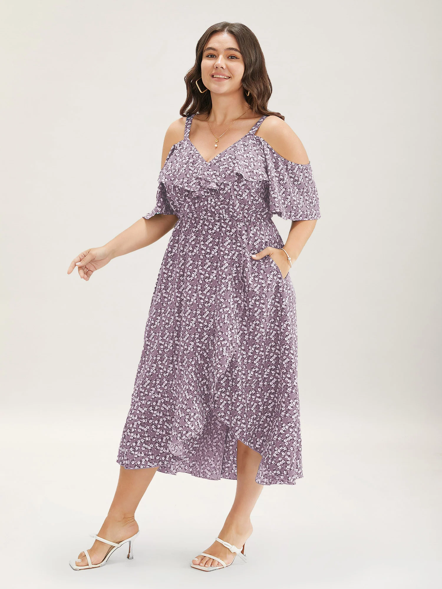 Ditsy Floral Pocket Wrap Cold Shoulder Ruffle Dress - Image 7