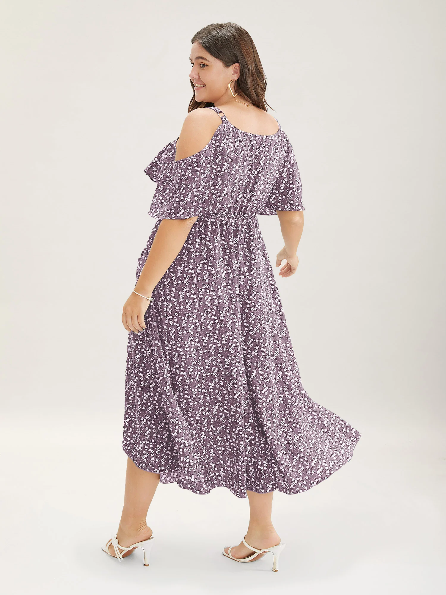 Ditsy Floral Pocket Wrap Cold Shoulder Ruffle Dress - Image 8