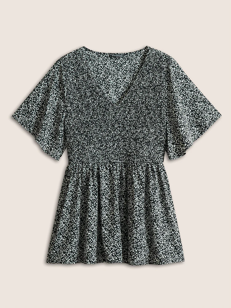 Ditsy Floral Shirred Ruffle Sleeve Elastic Waist Blouse - Image 7