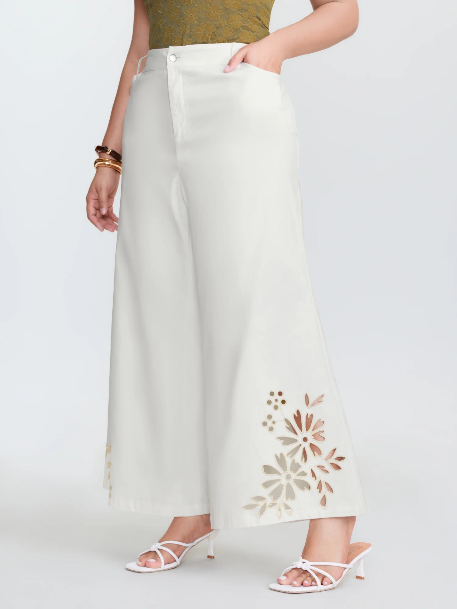 Cotton Floral Cutwork Embroidered Hem Pants