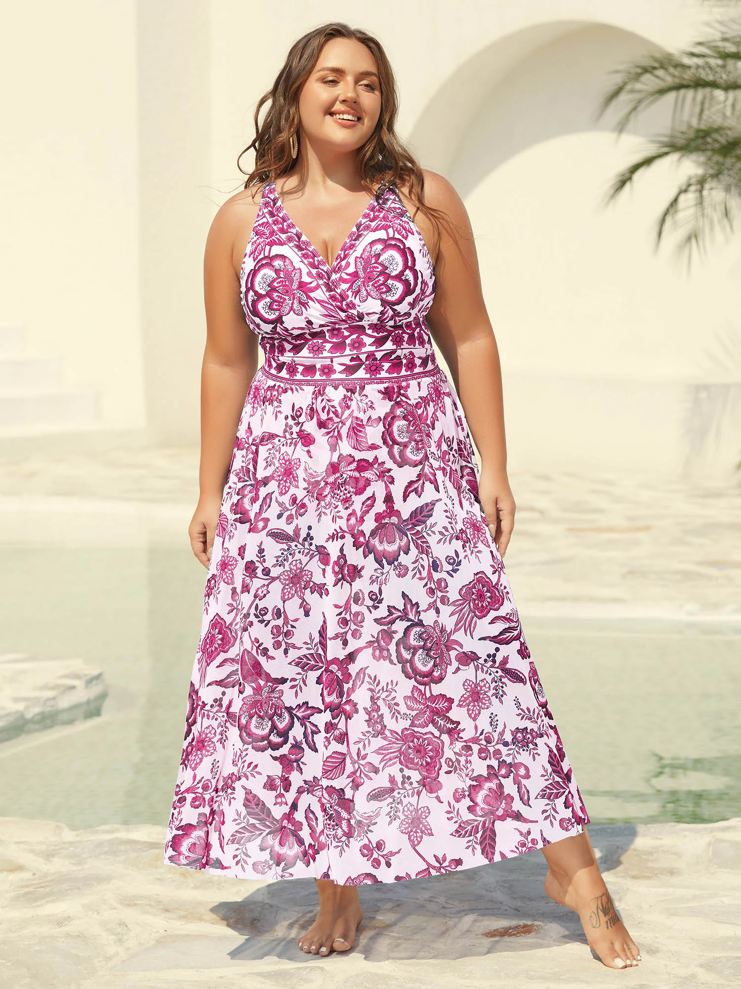 Two-Piece Floral Print Ruched Mesh Swimsuit, Sarong - Image 36