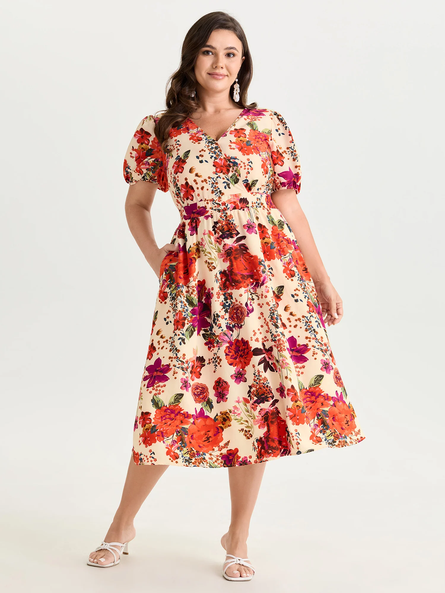 Floral Print Shirred Waist Midi Dress